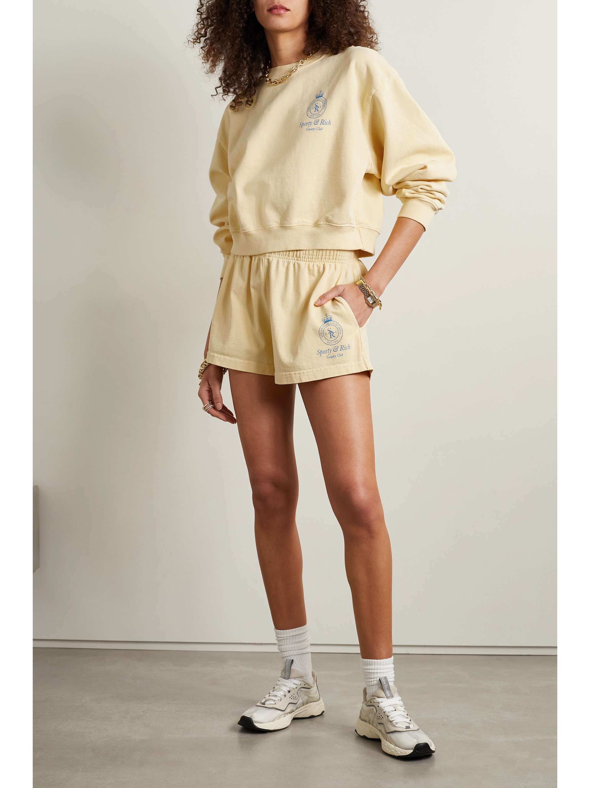 SPORTY & RICH Crown printed cotton-jersey shorts