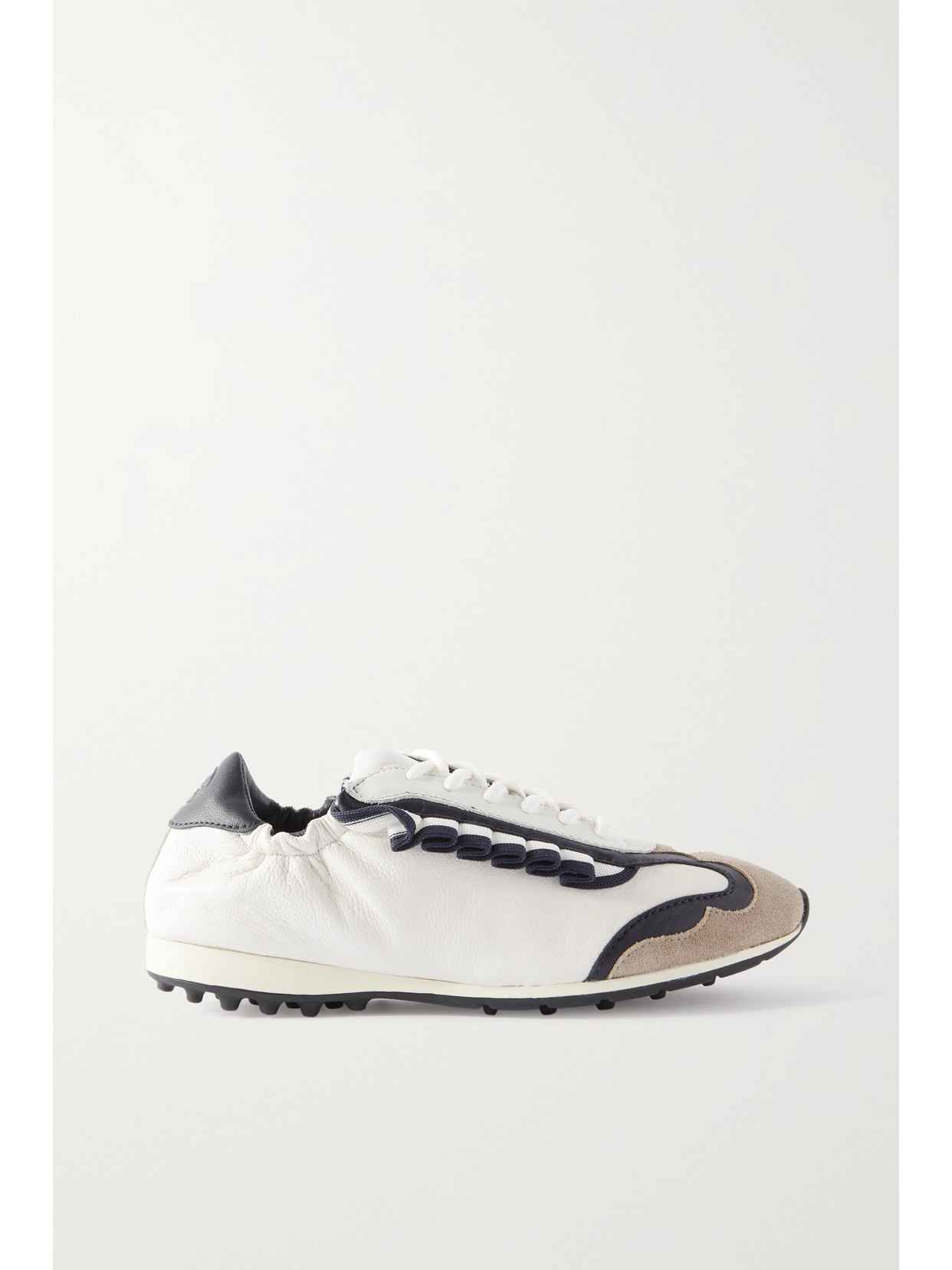 Tory Sport Ruffled Mesh And Suede-trimmed Leather Golf Sneakers In Snow White / Mineral Green