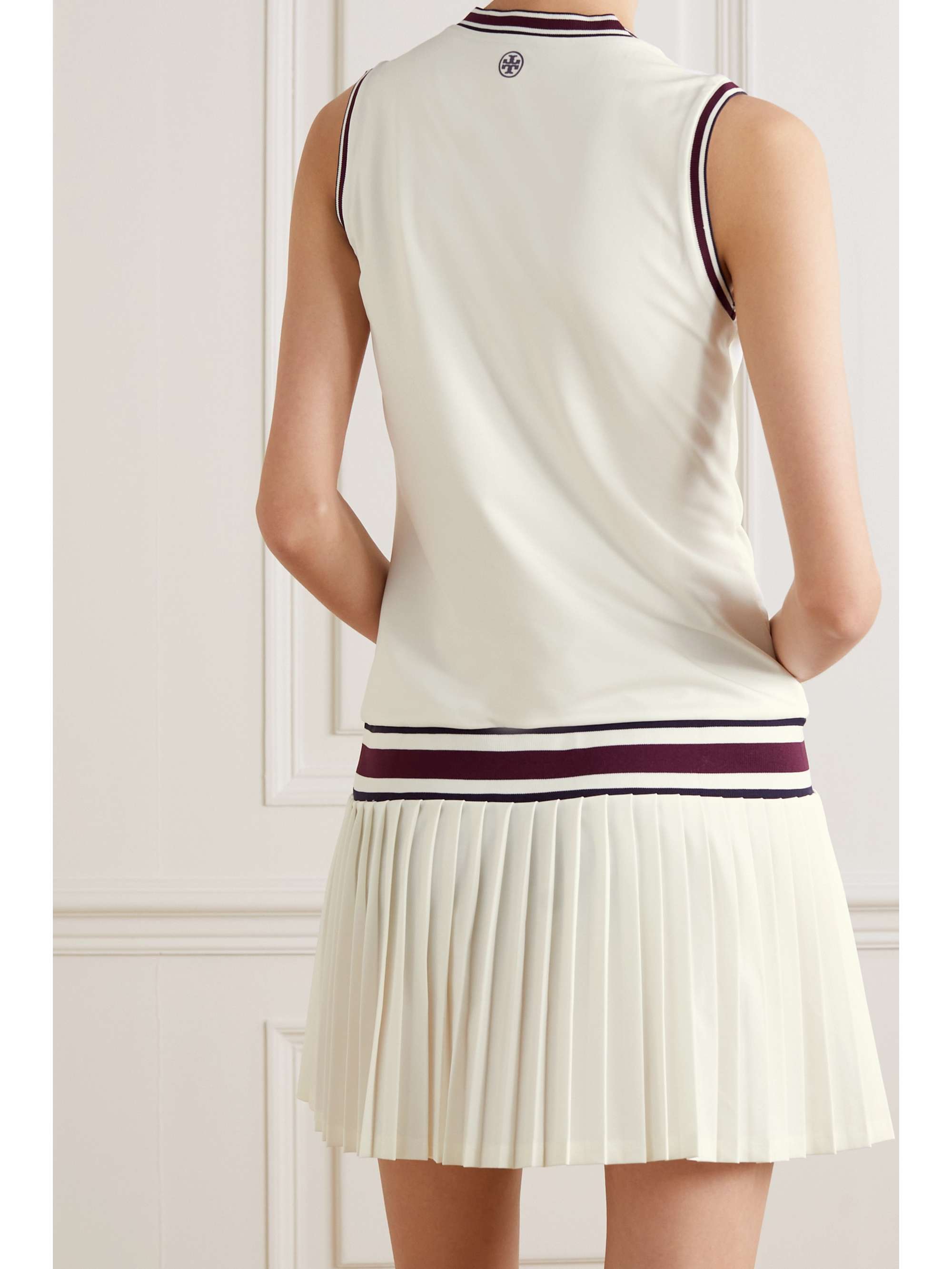 TORY SPORT Striped pleated stretch-jersey tennis dress