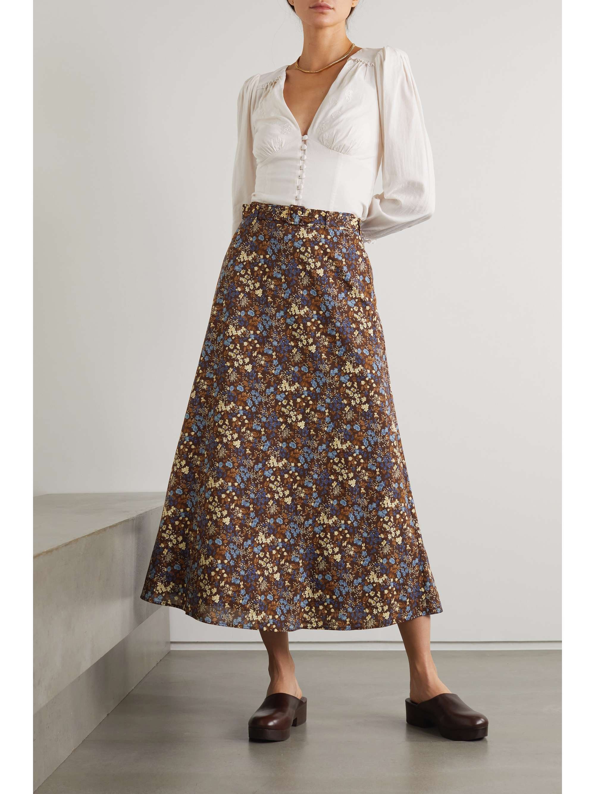 REFORMATION + NET SUSTAIN Falcon belted floral-print organic cotton and ECOVERO-blend midi skirt