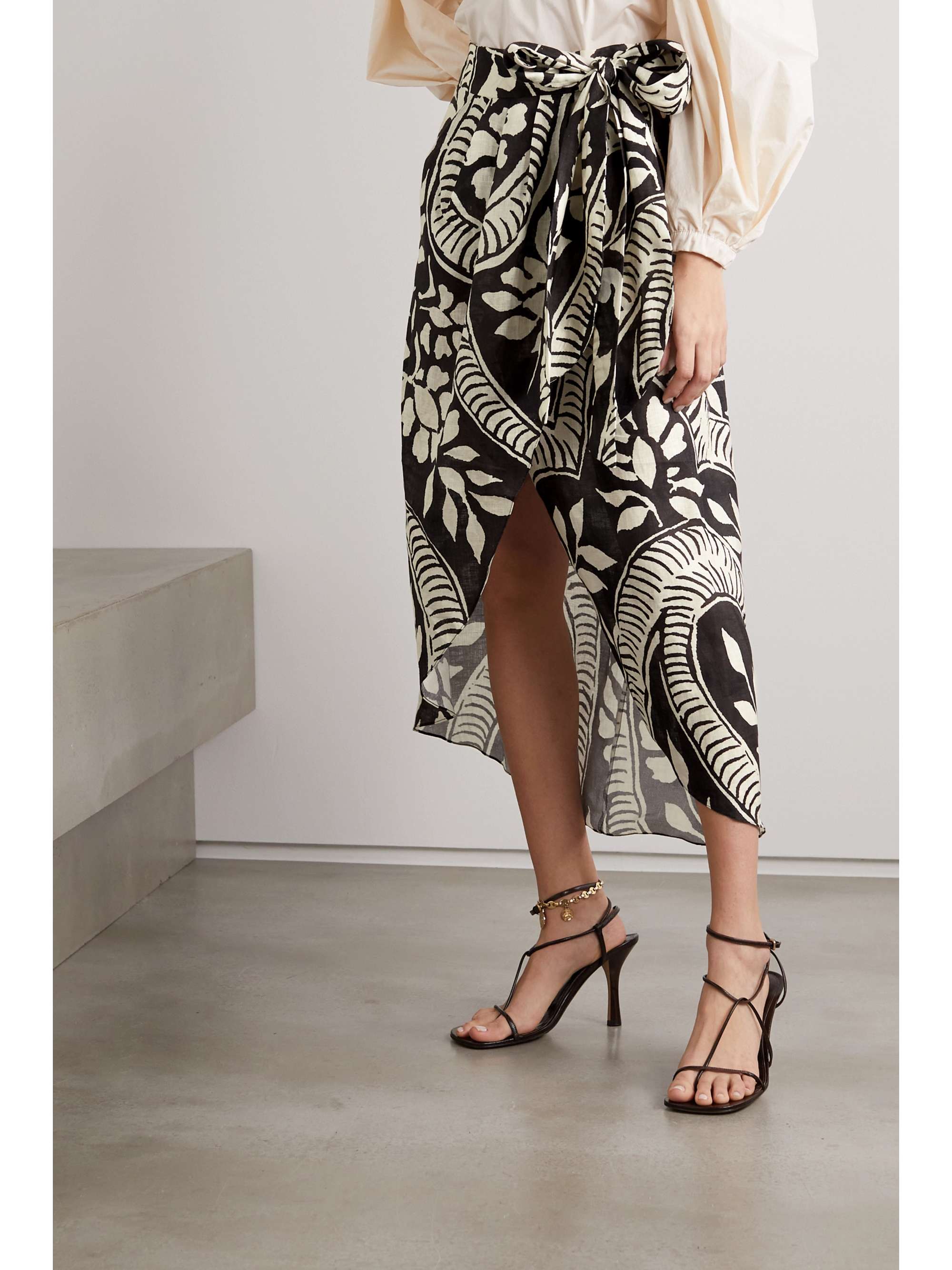 Black + NET SUSTAIN Zebra Found in India printed linen wrap midi skirt