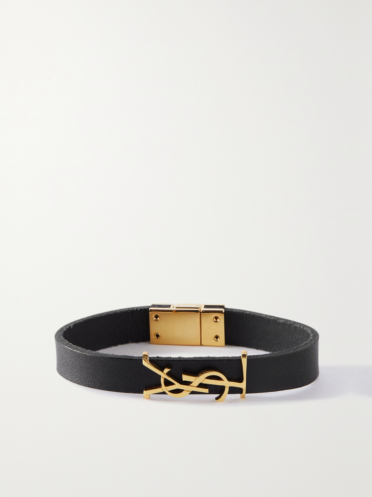 Shop Saint Laurent Opyum Leather And Gold-tone Bracelet In Black