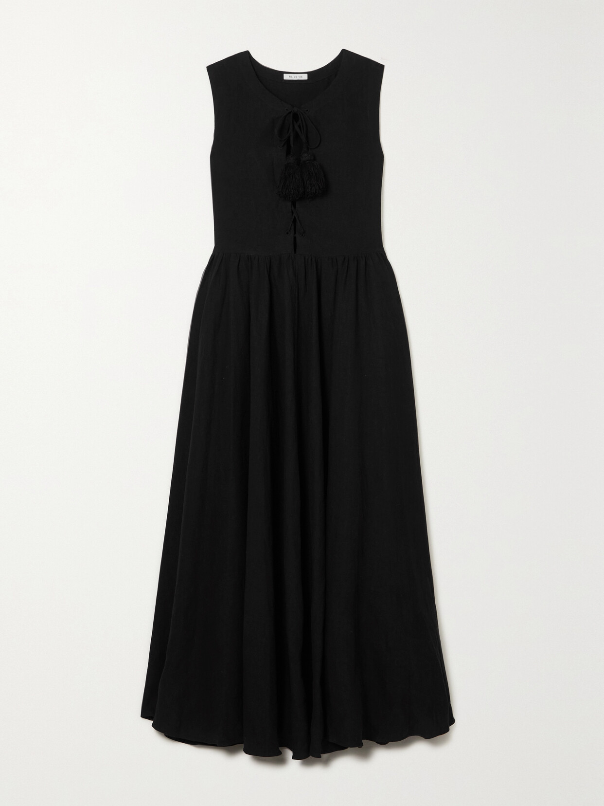 FIL DE VIE Althea Tasseled Linen Maxi Dress - Black
