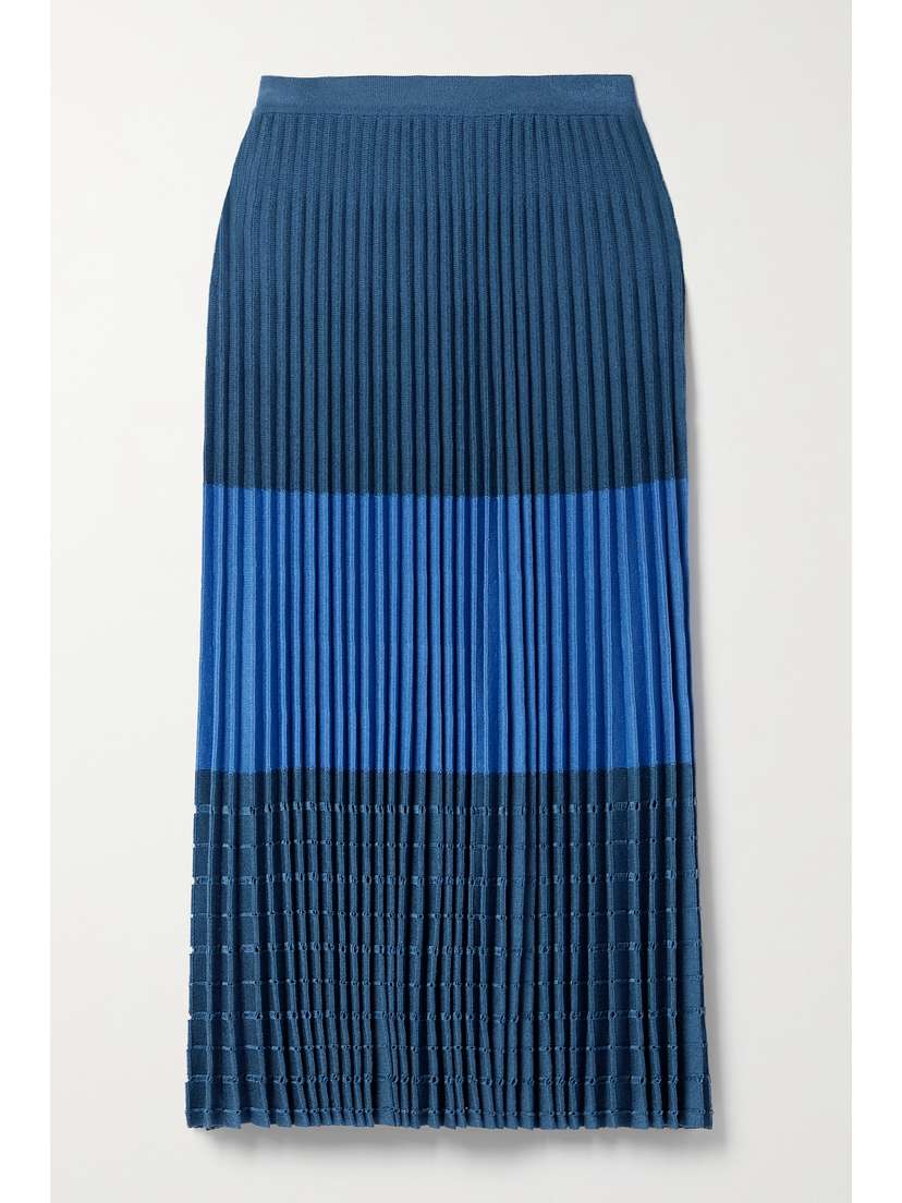 PARTOW Jade Striped Pleated Crochet-knit Cotton-blend Midi Skirt