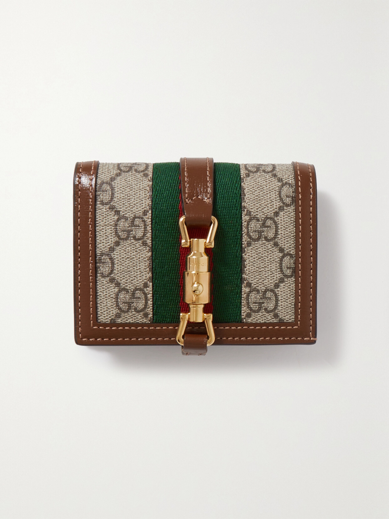 Gucci Jackie 1961 Textured-leather And Webbing-trimmed Printed Coated-canvas Wallet In Brown
