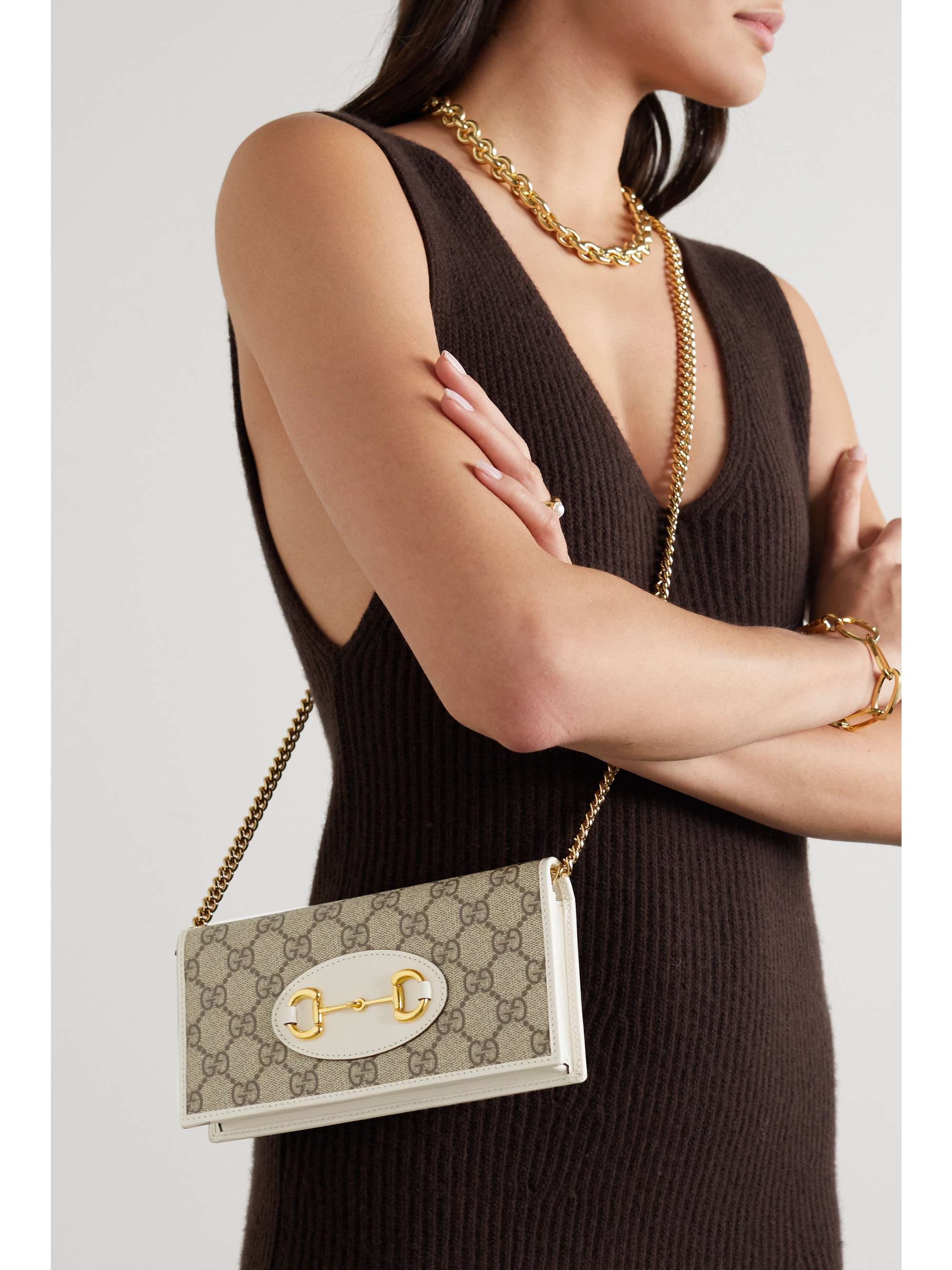 GUCCI Horsebit 1955 leathertrimmed printed coatedcanvas shoulder bag