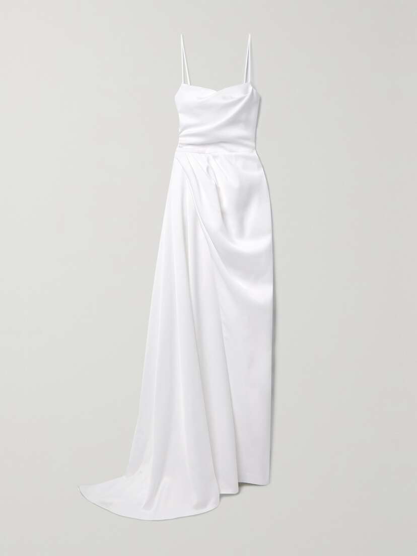 RASARIO Asymmetric Draped Duchesse-satin Gown