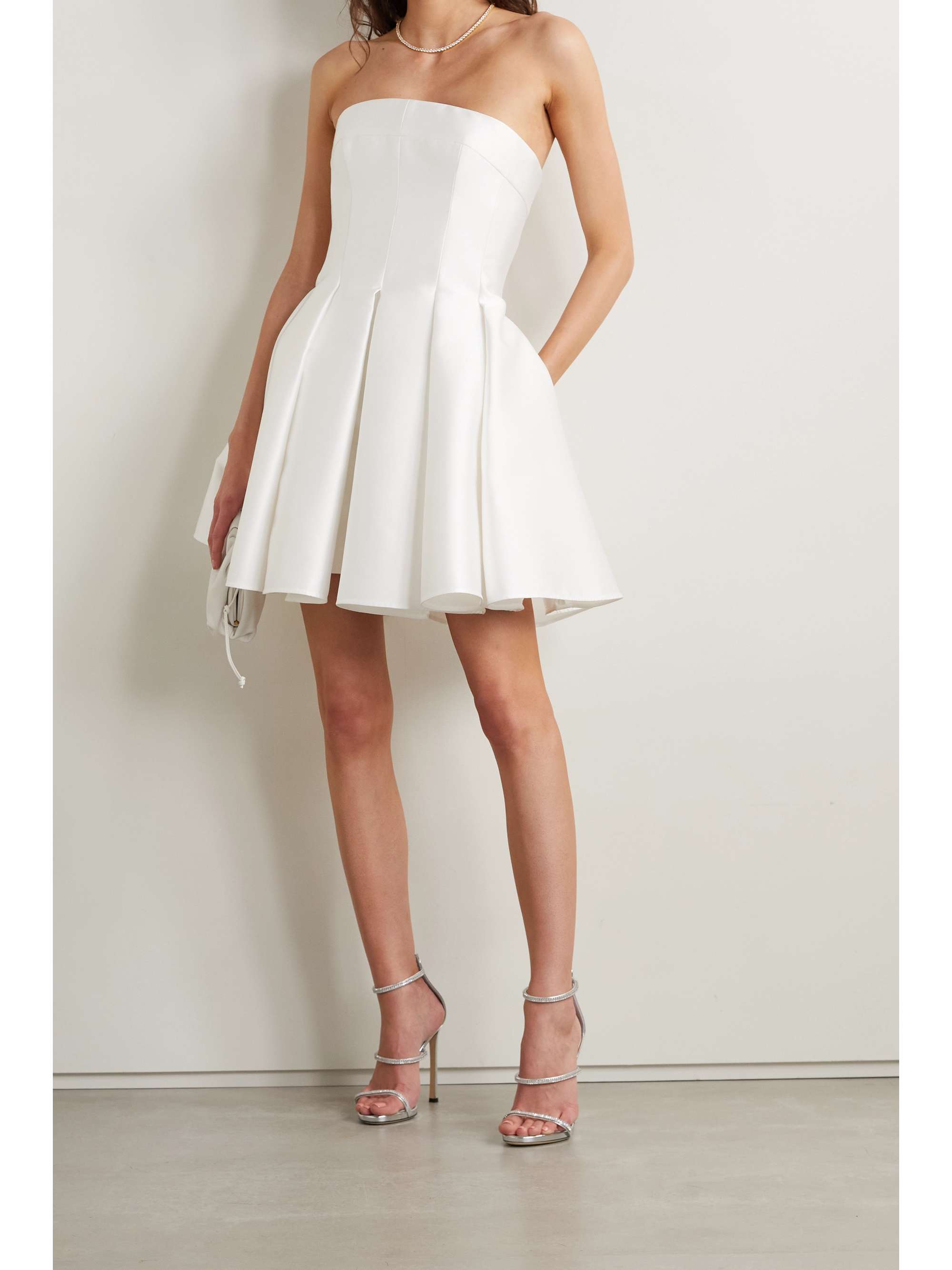 White Strapless pleated satin mini ...