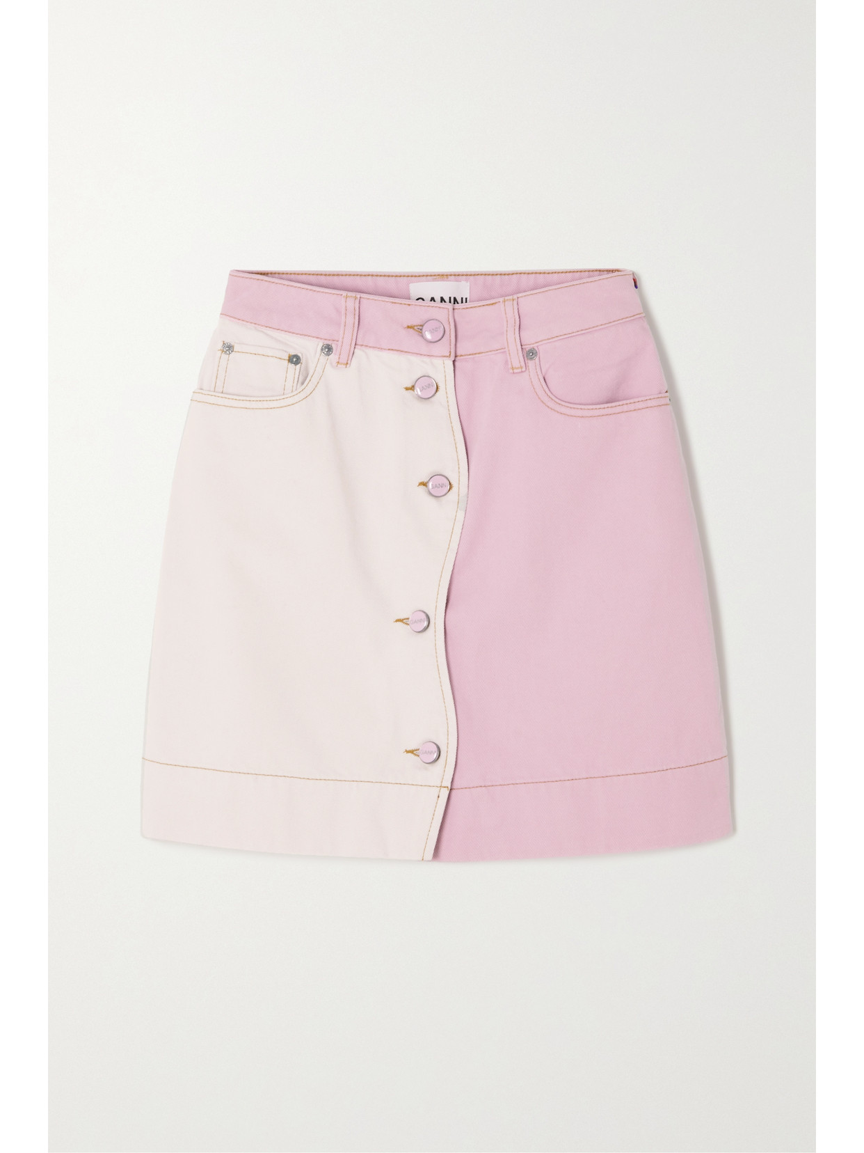 Ganni Two-tone Organic Denim Mini Skirt In Pink