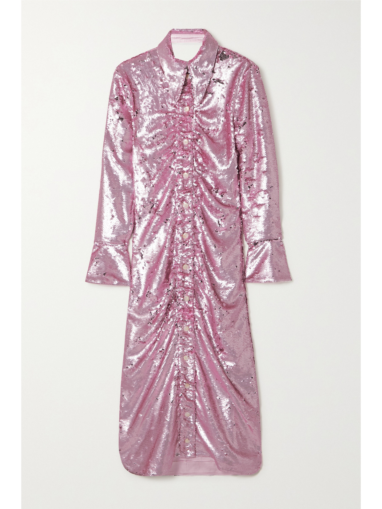 Ganni Open-back Sequined Recycled Satin Midi Shirt Dress In Pink