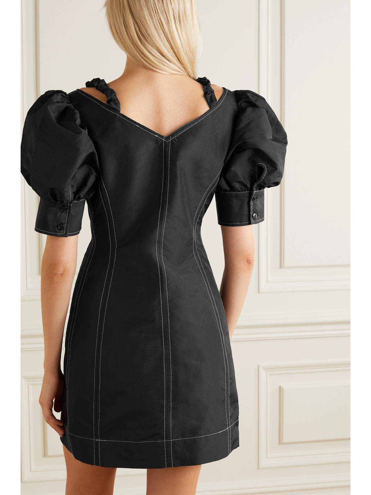 Ganni Cold-shoulder Recycled Taffeta Mini Dress In Black | ModeSens