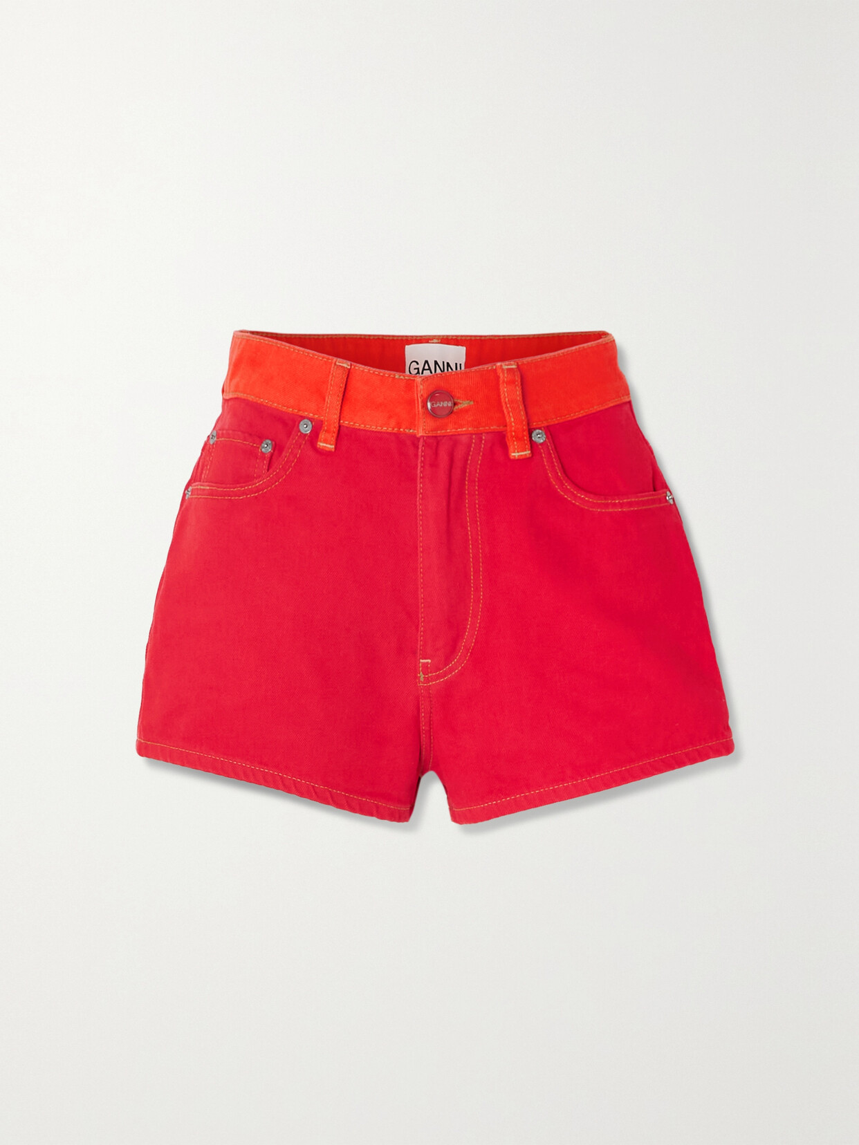 Ganni Cutline High Waist Overdyed Denim Short In Red