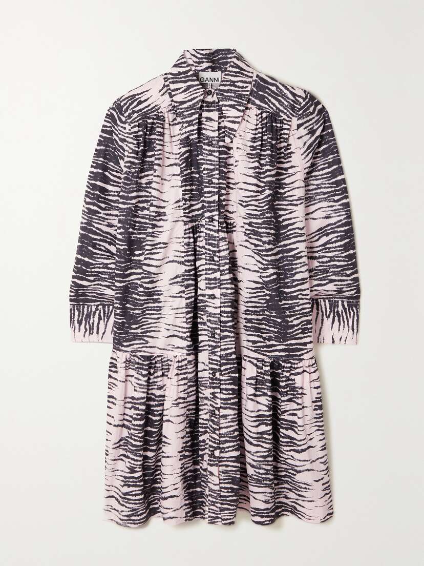 Ganni Tiger-print Tiered Organic Cotton-poplin Shirt Dress