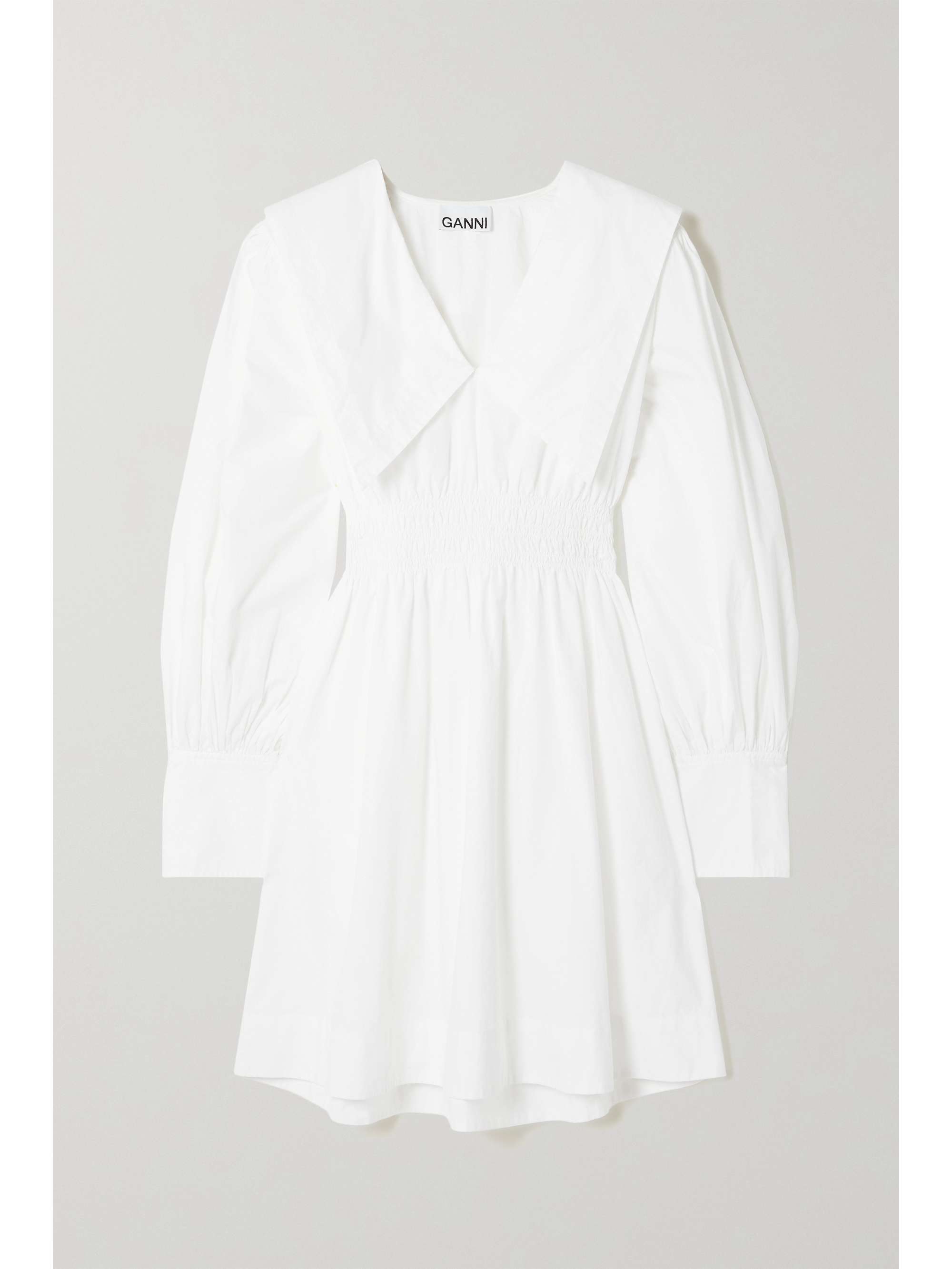 White Shirred organic cotton-poplin mini dress | GANNI | NET-A-PORTER