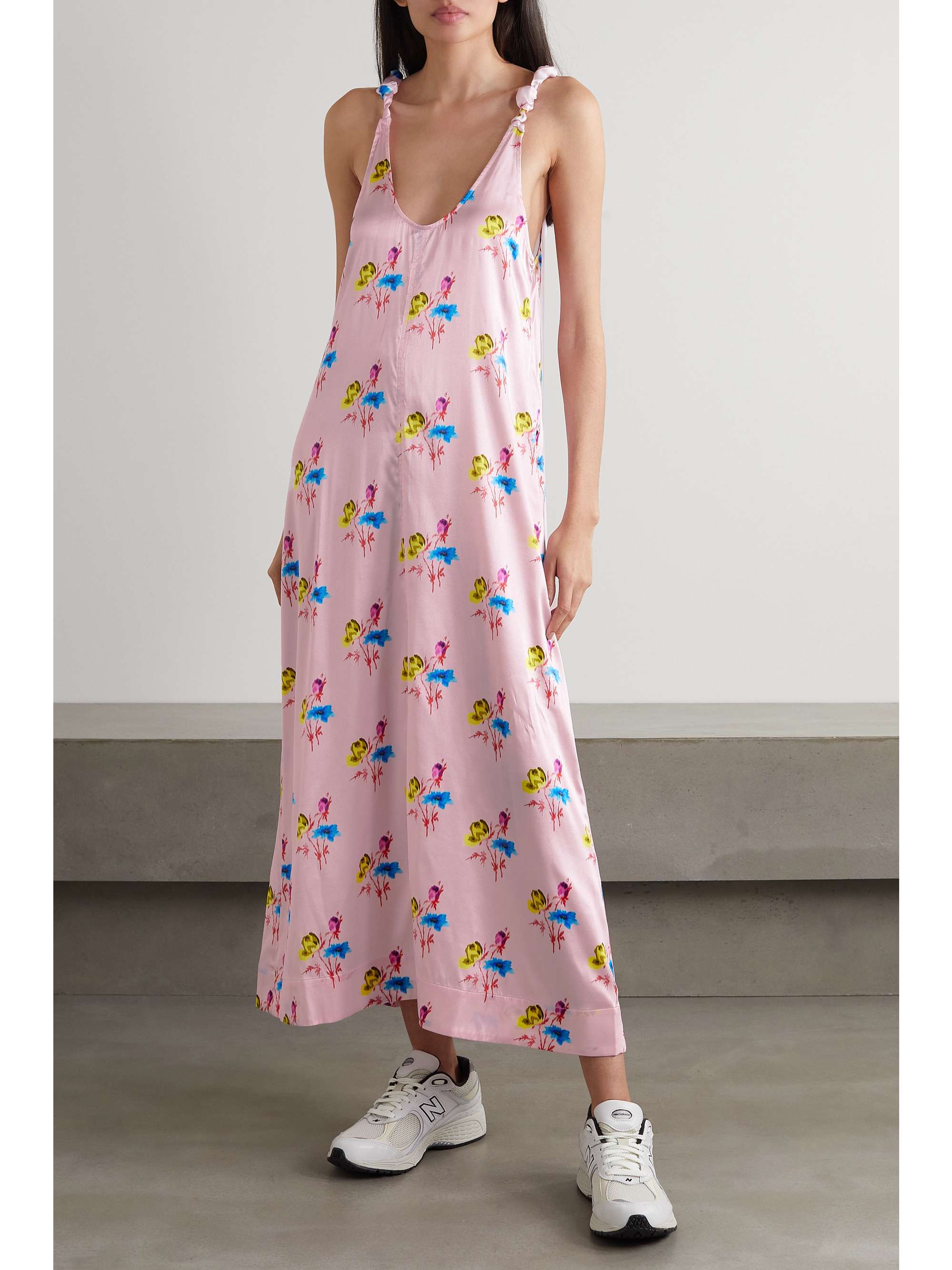 GANNI Floral-print stretch organic silk-satin midi dress | NET-A-PORTER