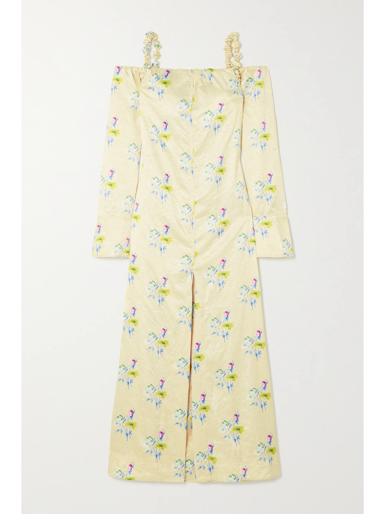 Ganni Cold-shoulder Floral-print Crinkled-recycled Satin Dress In Cream