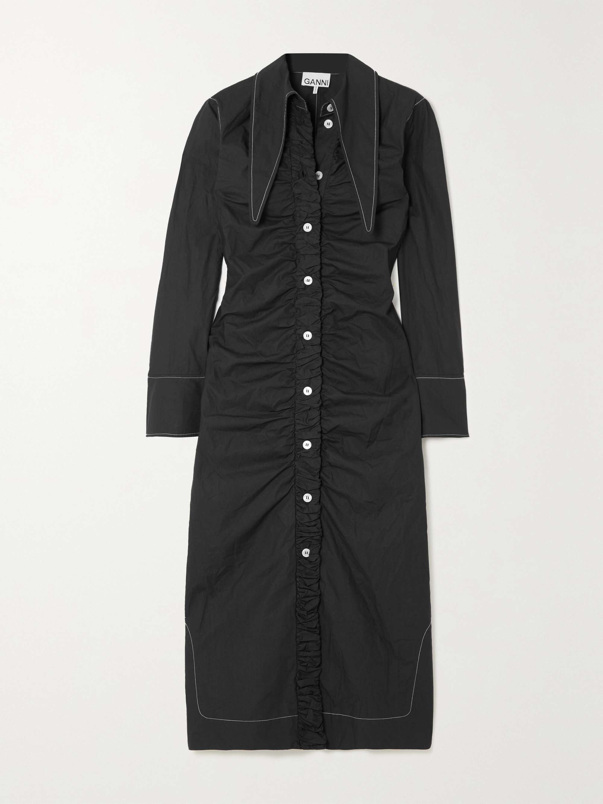 GANNI Ruched organic cotton-poplin shirt dress | NET-A-PORTER