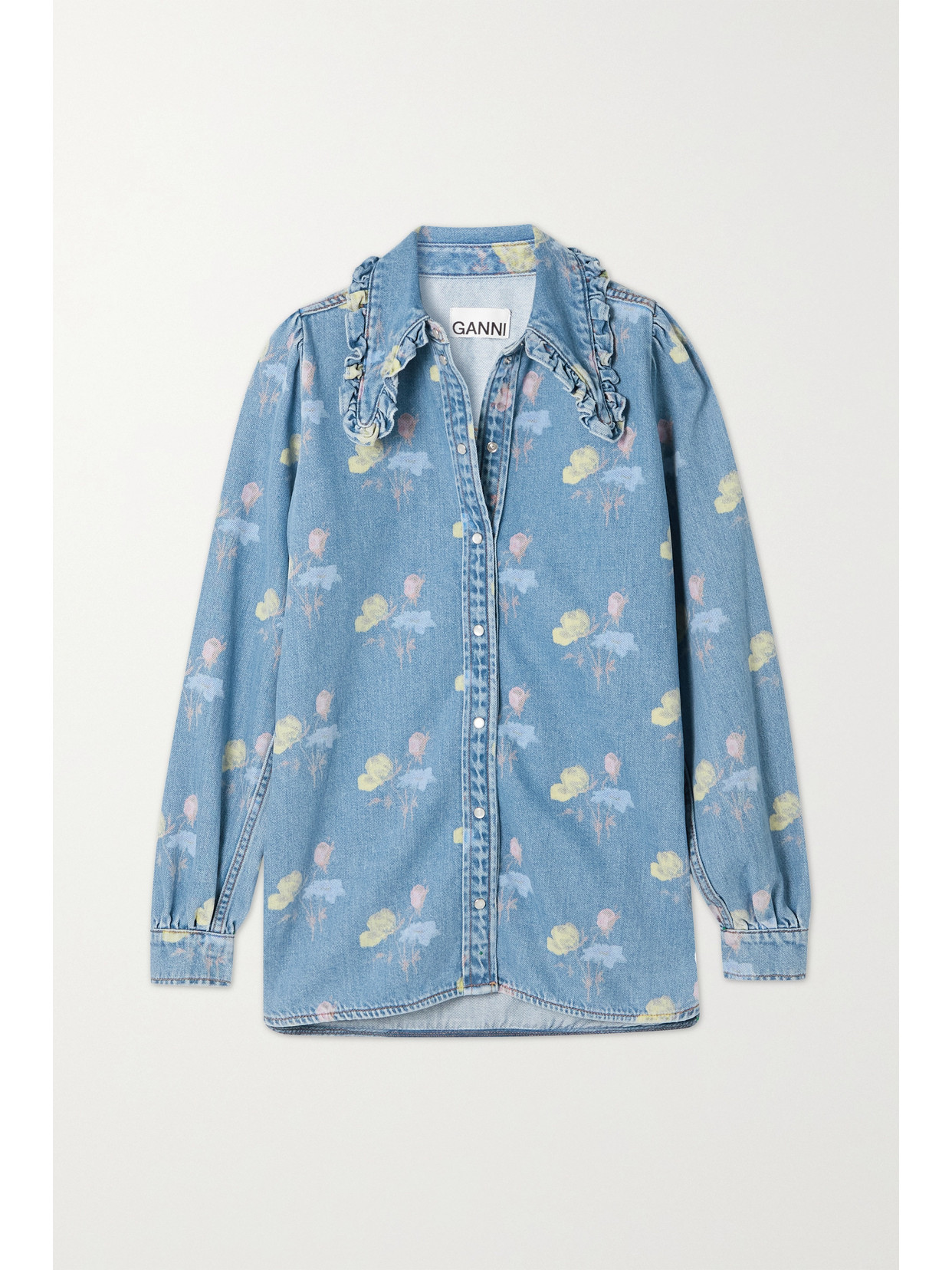 Ganni Ruffled Floral-print Organic Denim Shirt In Blue