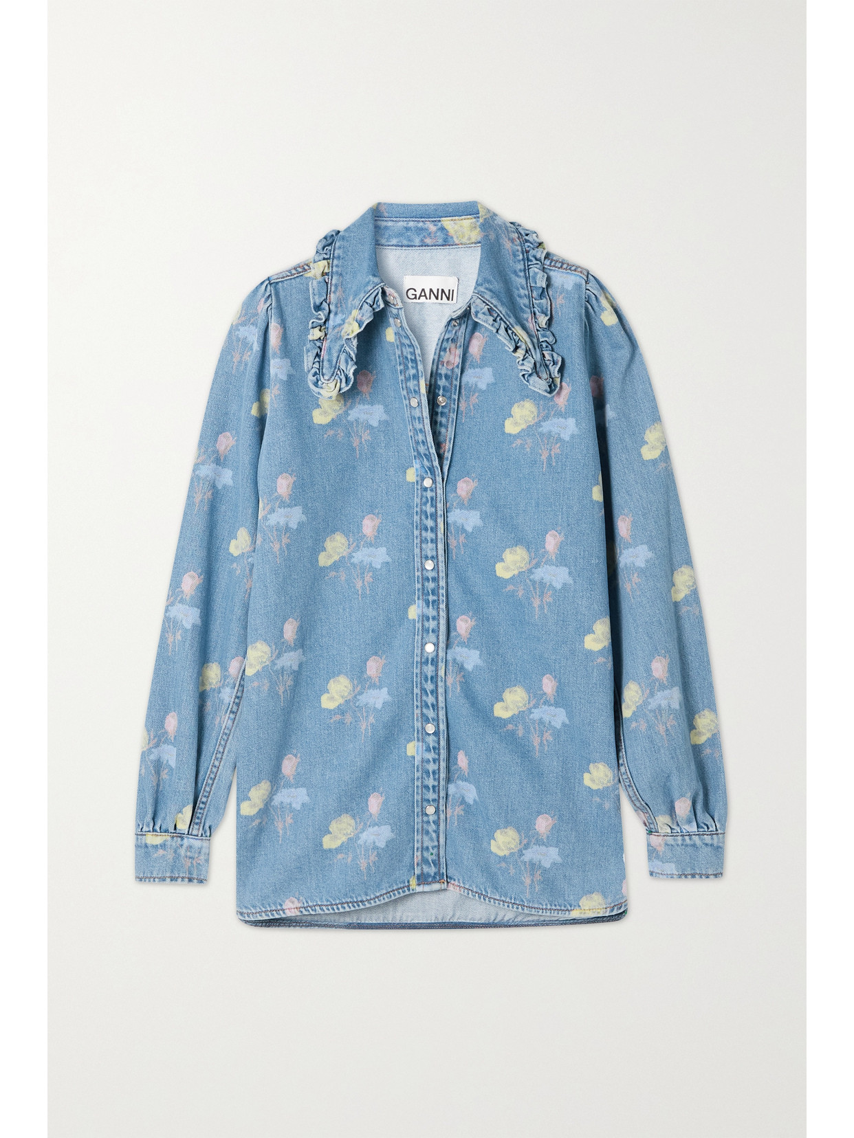 GANNI RUFFLED FLORAL-PRINT ORGANIC DENIM SHIRT