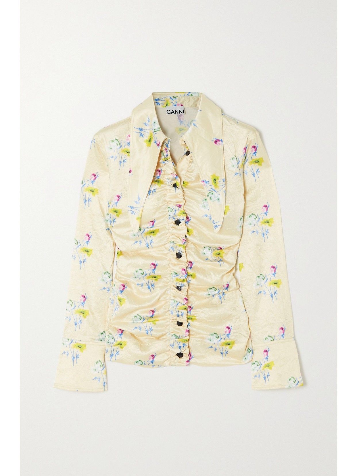 Ganni Crinkled Floral-print Recycled Satin Shirt In Cream