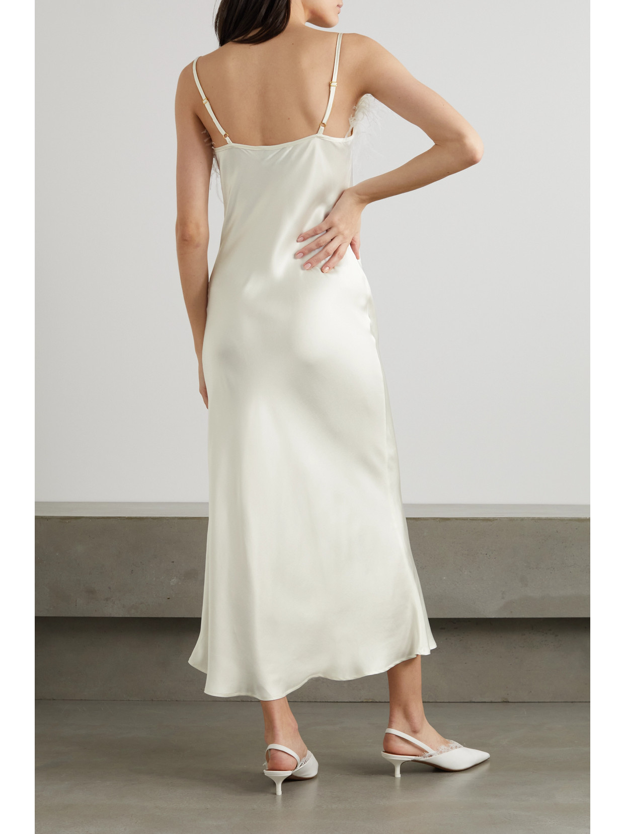 Shop Sleeper + Net Sustain Boheme Feather-trimmed Ecovero-satin Midi Dress In White