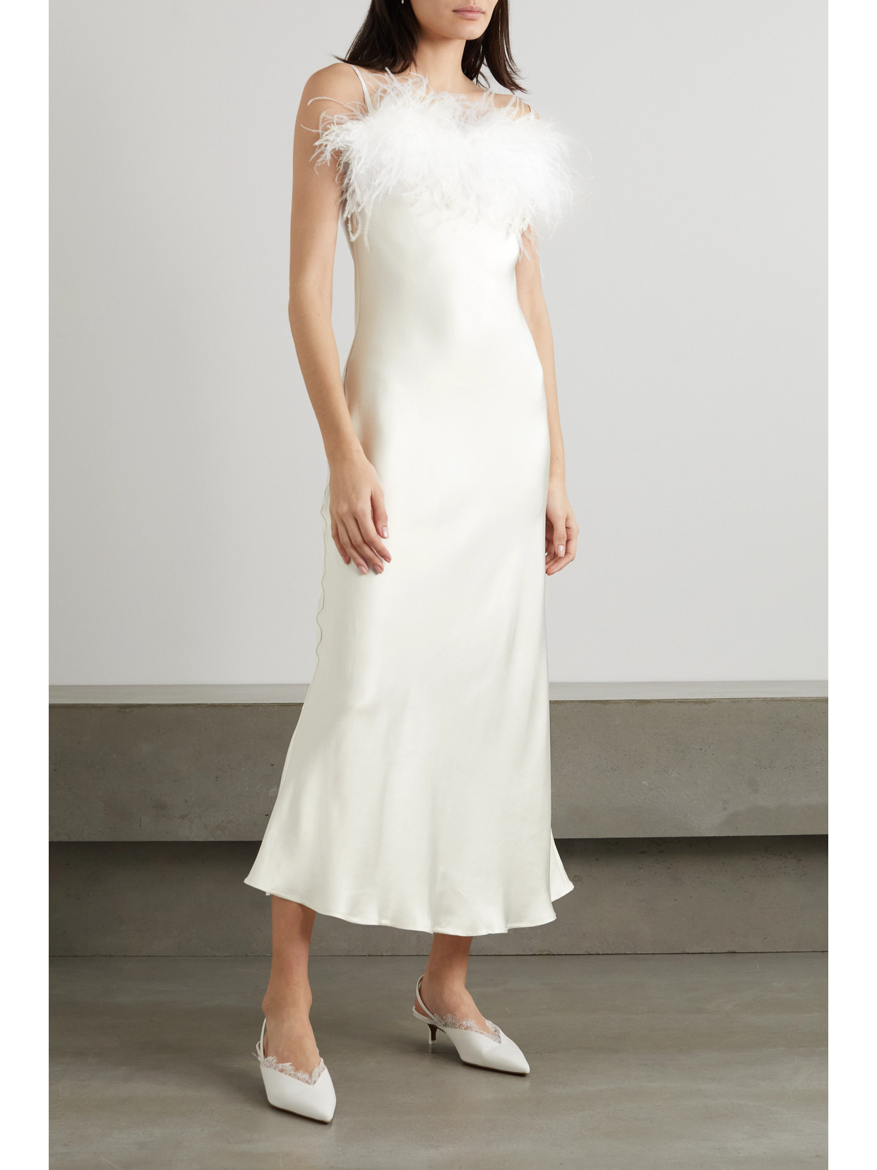 Shop Sleeper + Net Sustain Boheme Feather-trimmed Ecovero-satin Midi Dress In White