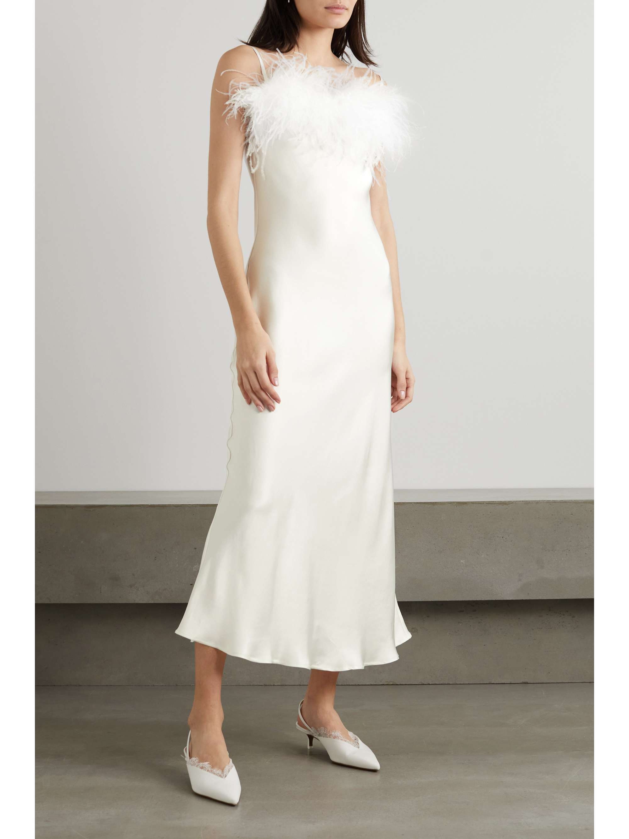 SLEEPER + NET SUSTAIN Boheme feather-trimmed ECOVERO-satin midi dress