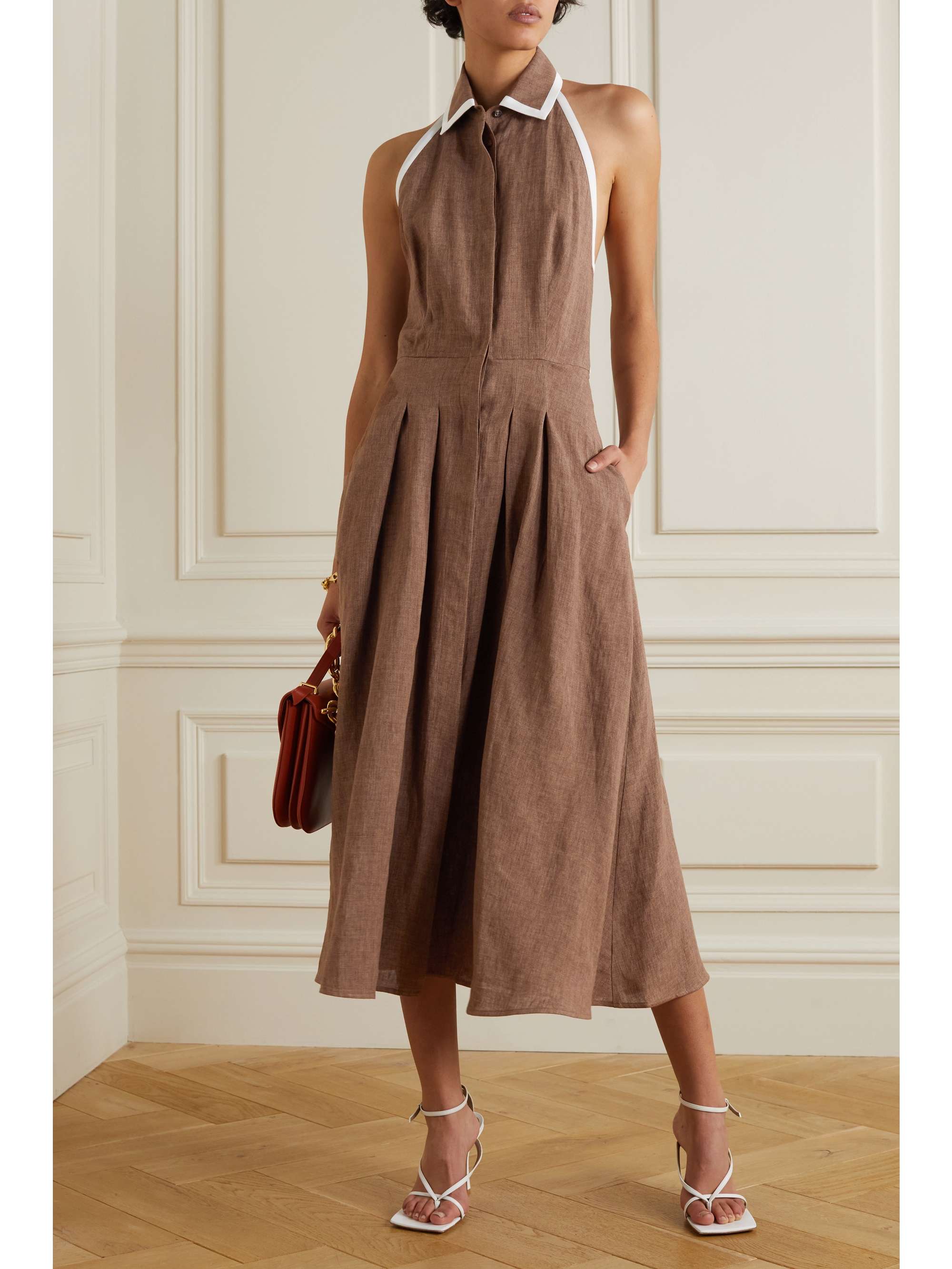 MAX MARA Caio open-back pleated tipped linen halterneck shirt dress |  NET-A-PORTER