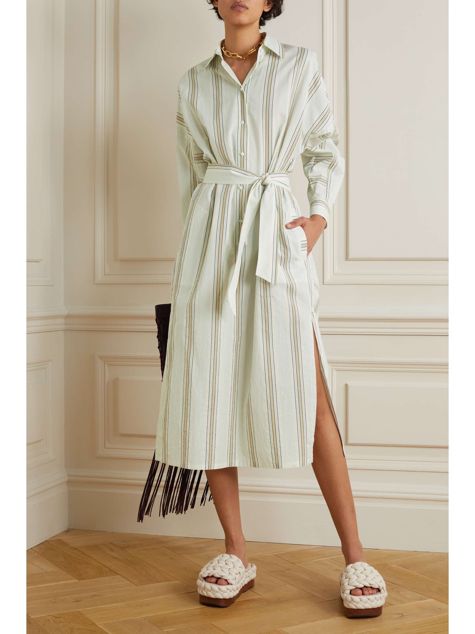 MAX MARA Deserto 配腰带条纹棉质混纺衬衫式连衣裙