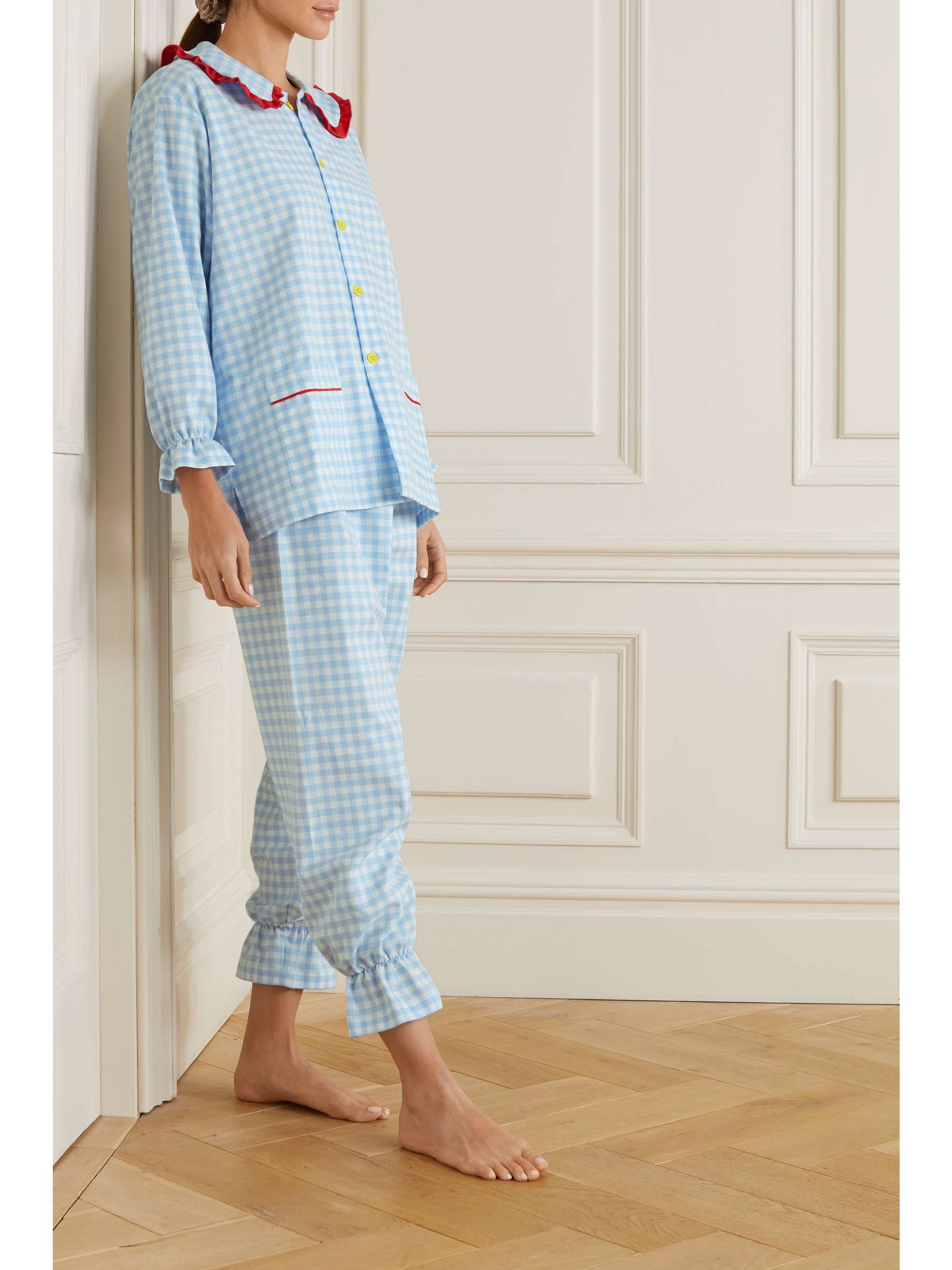 THELMA AND LEAH Ruffled gingham cotton pajama set