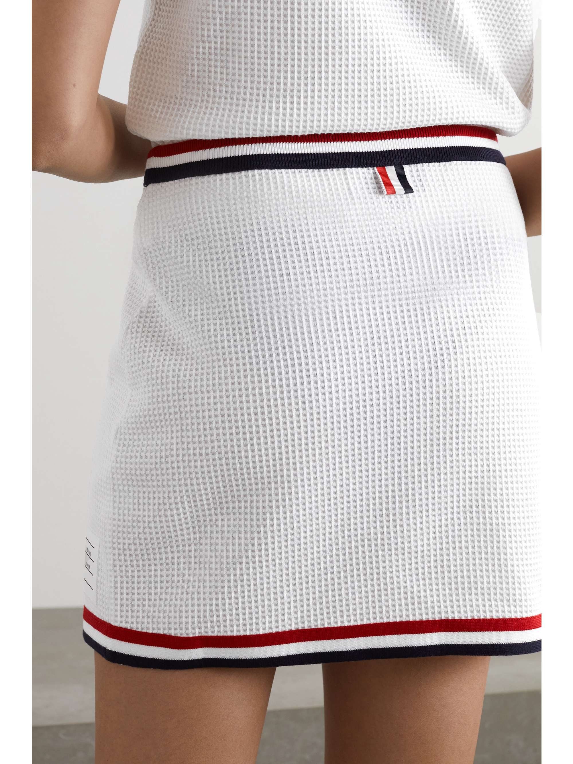 THOM BROWNE Wrap-effect striped waffle-knit cotton mini skirt