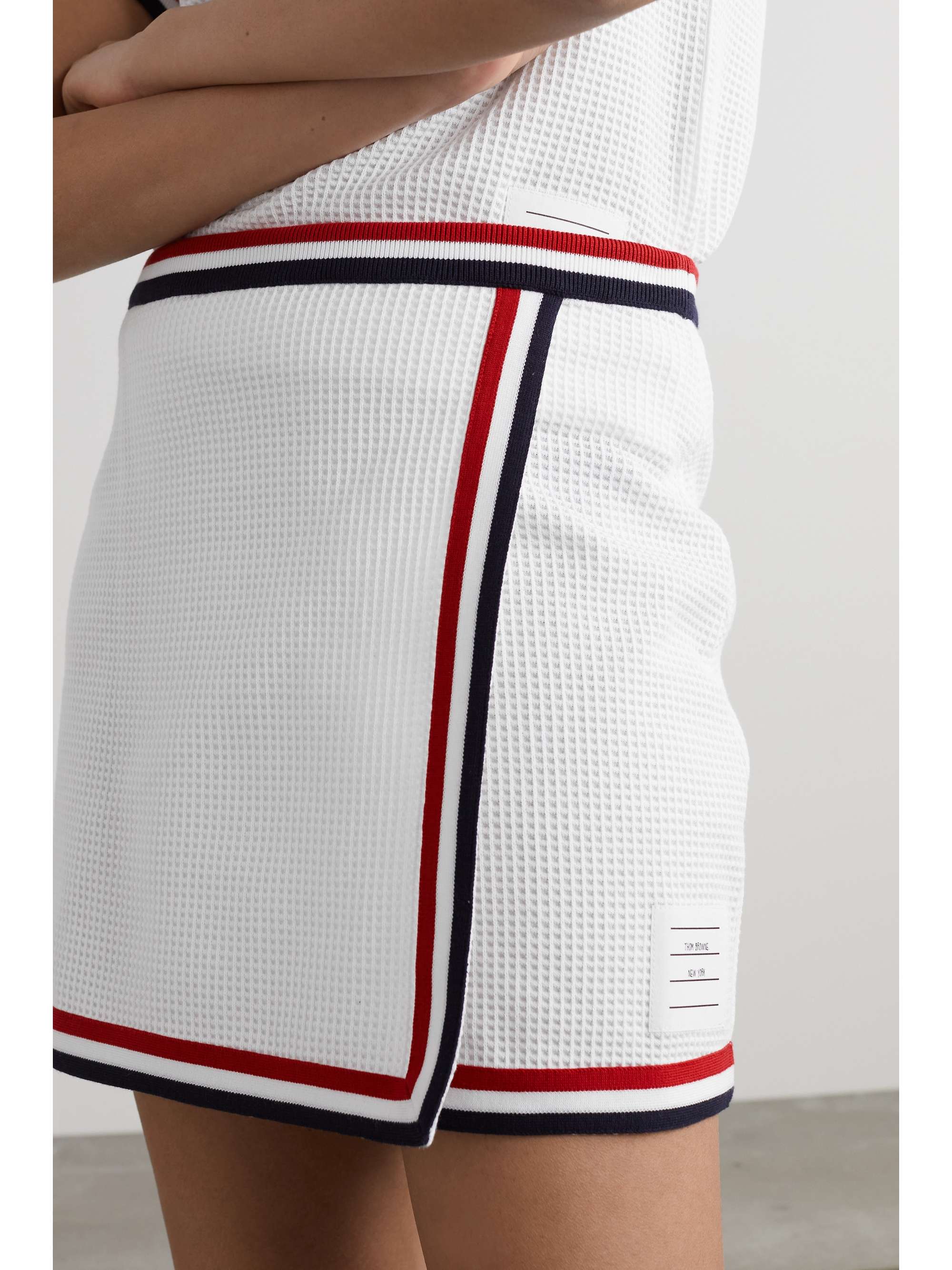 THOM BROWNE Wrap-effect striped waffle-knit cotton mini skirt
