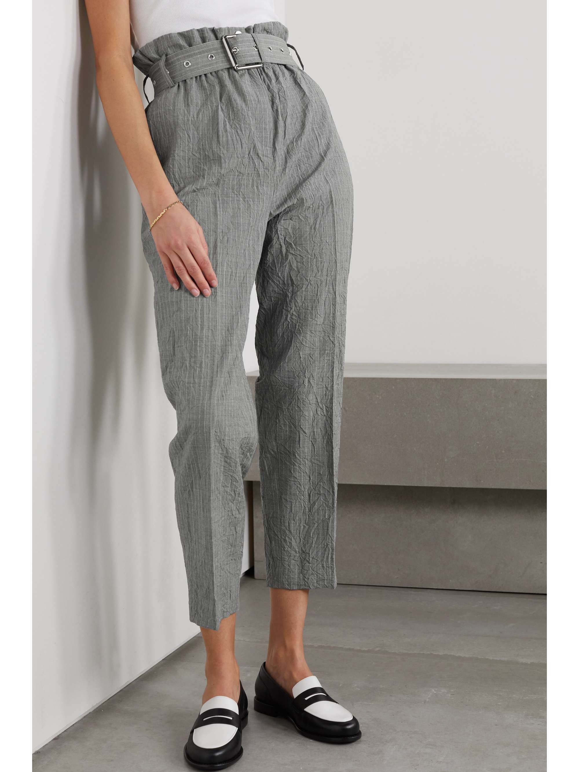 MICHAEL KORS COLLECTION Cropped belted pinstriped crinkled-wool straight-leg pants