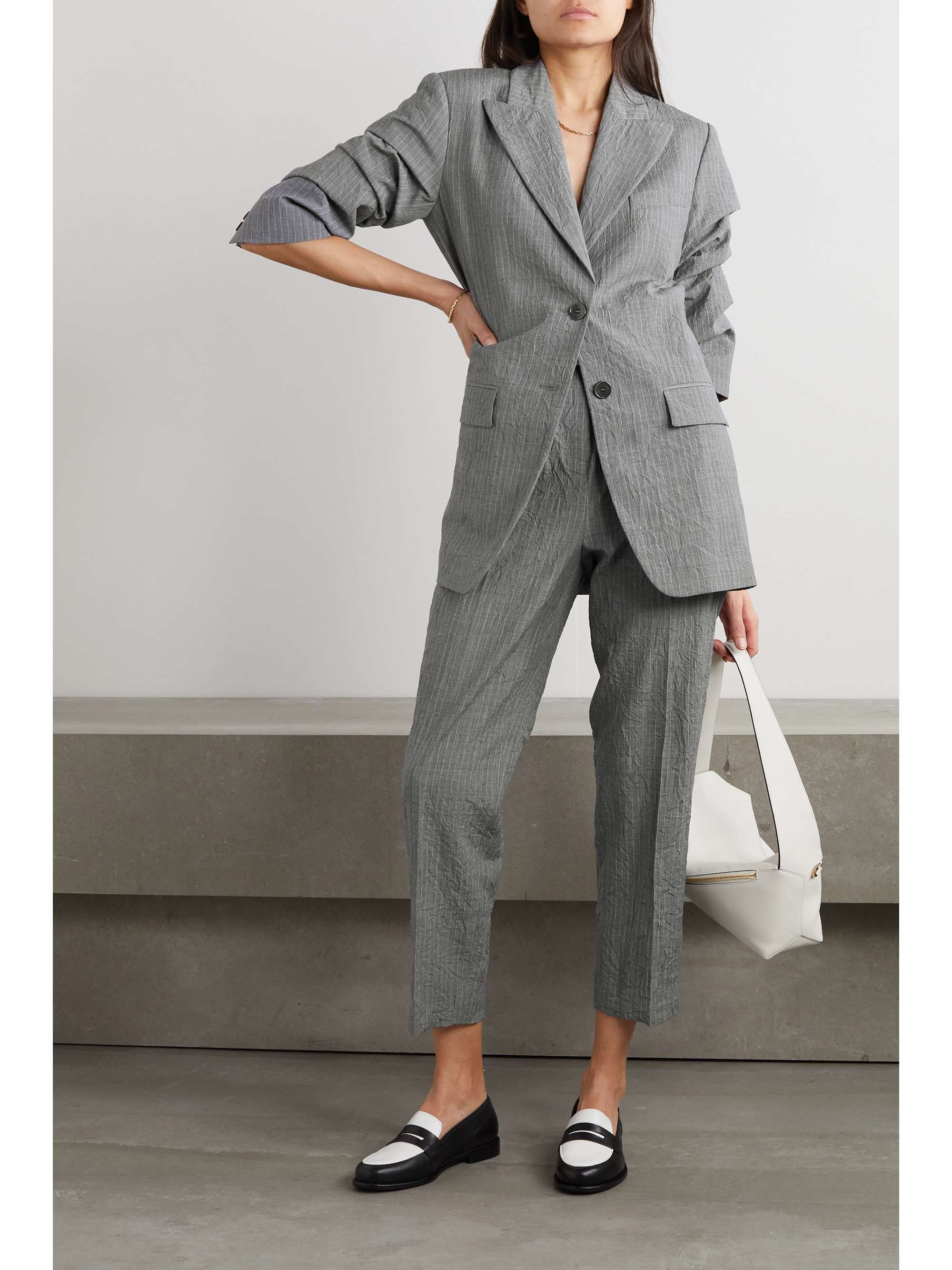 MICHAEL KORS COLLECTION Gathered pinstriped crinkled-wool blazer |  NET-A-PORTER