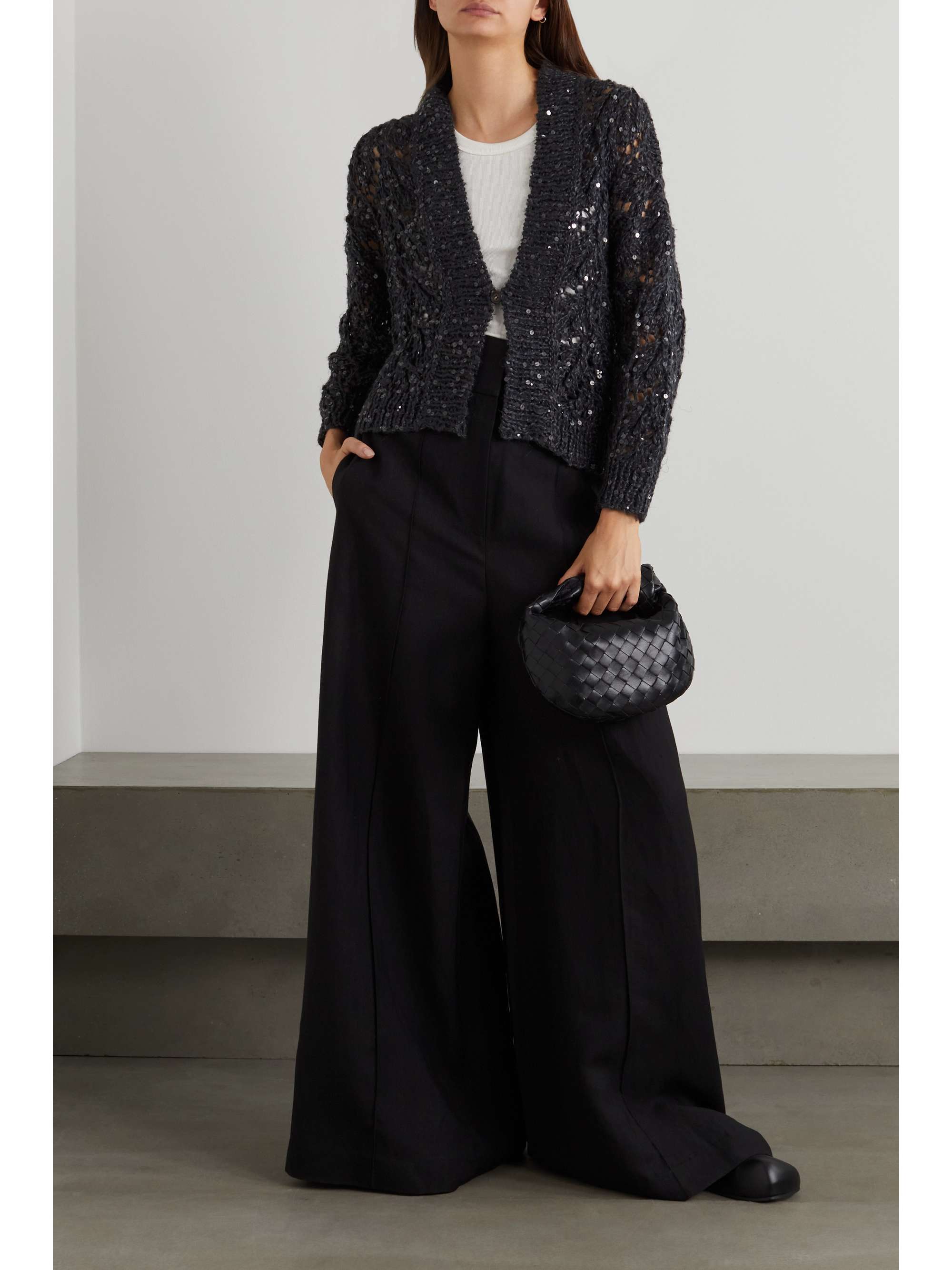 Navy Sequin-embellished crocheted linen 