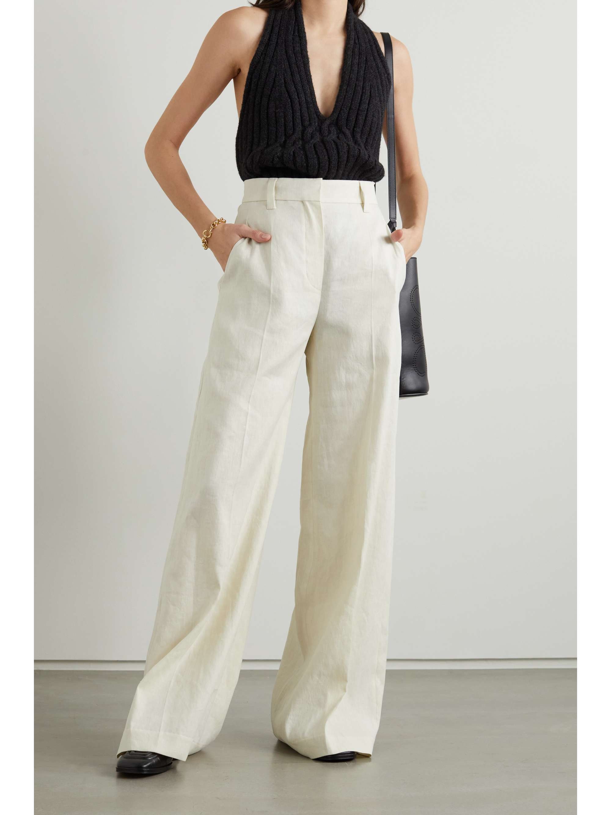 Cream Linen-blend wide-leg pants 