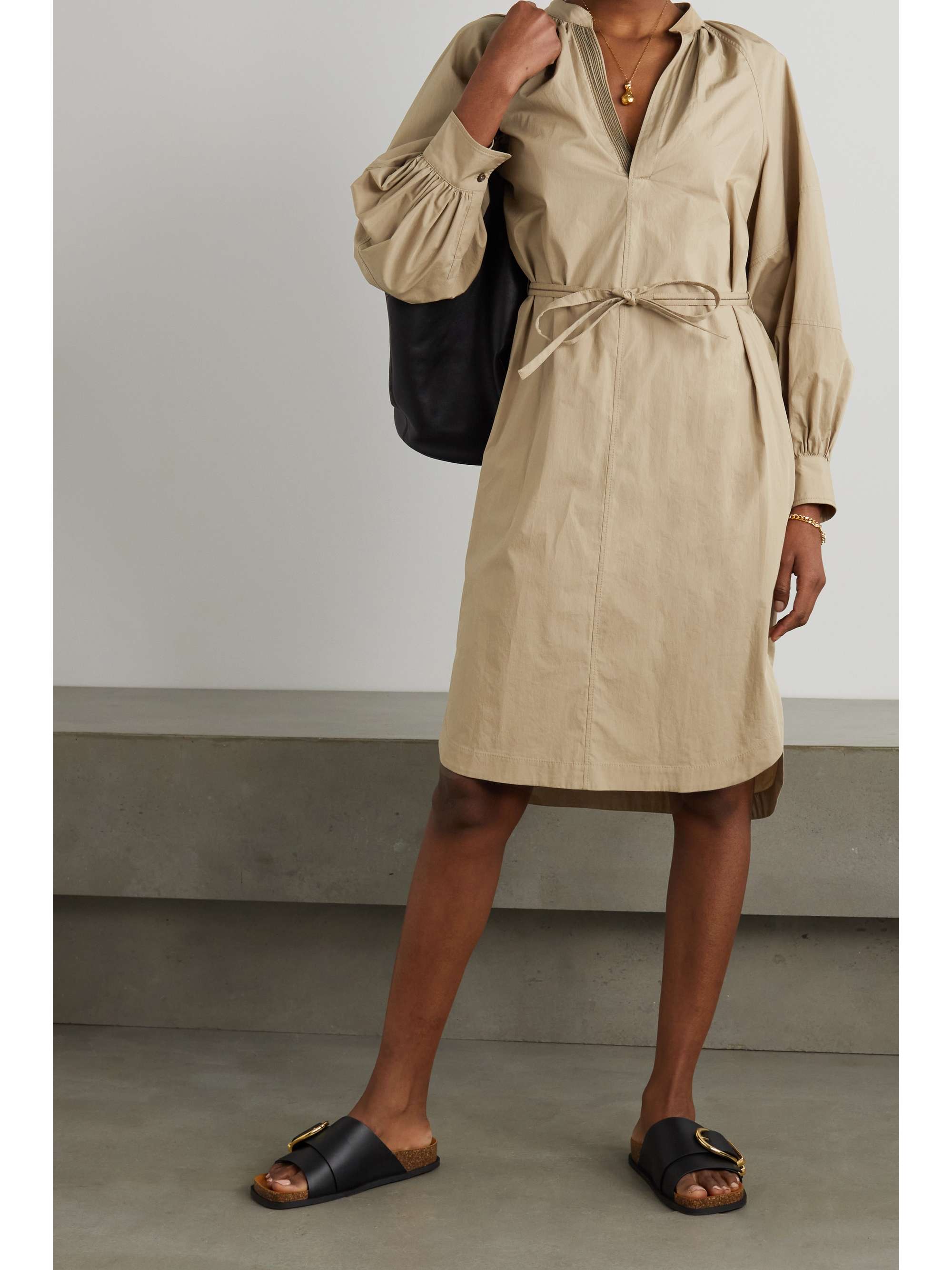 Beige Bead-embellished cotton-poplin 