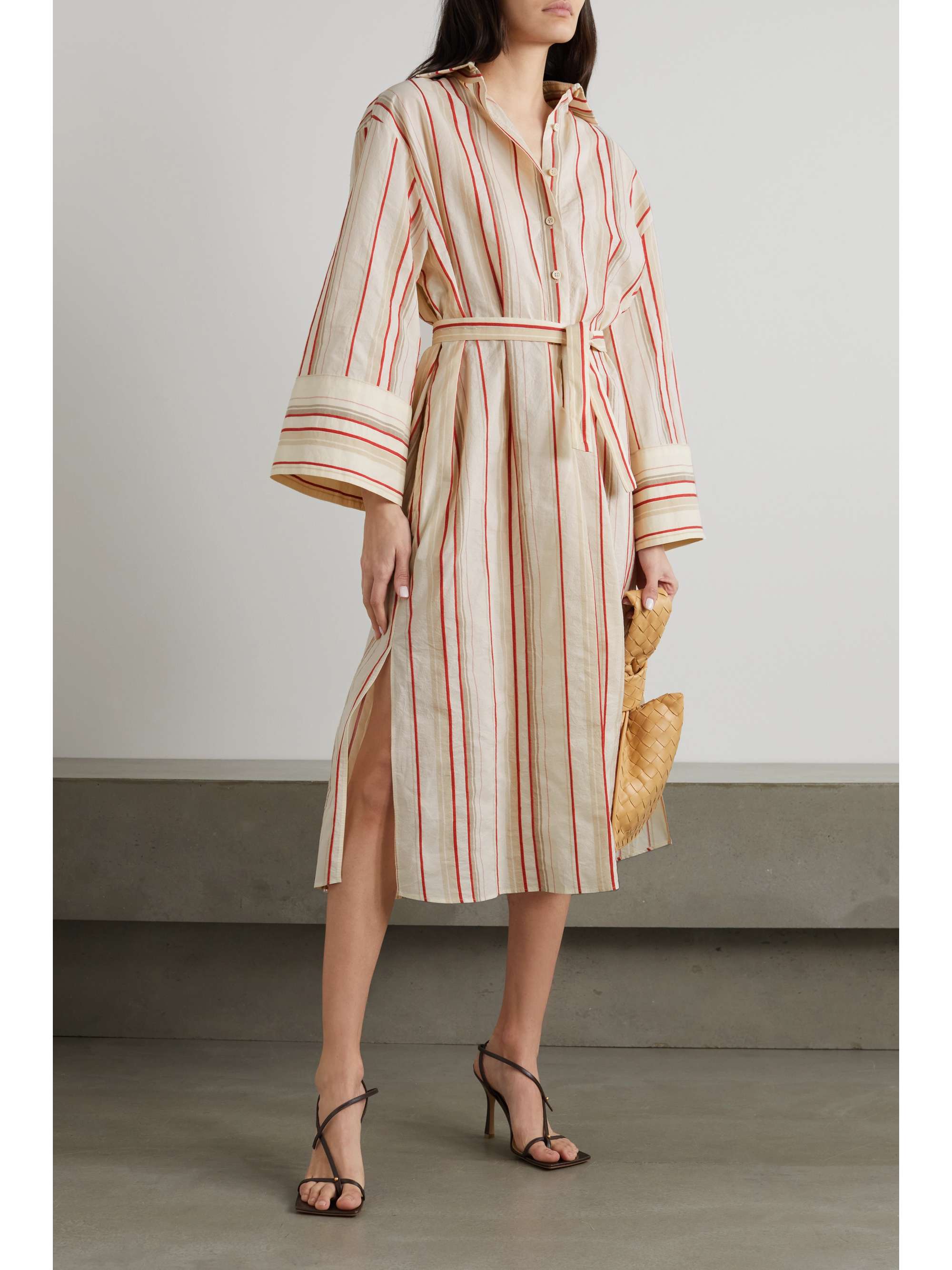 Ivory Belted striped cotton-poplin midi 