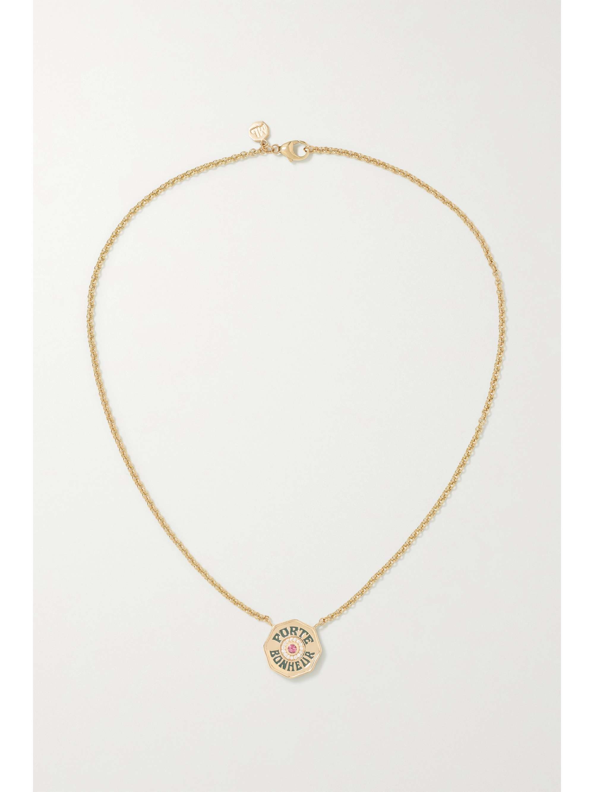 MARLO LAZ Mini Porta Fortuna Coin 14-karat gold, enamel, diamond and sapphire necklace