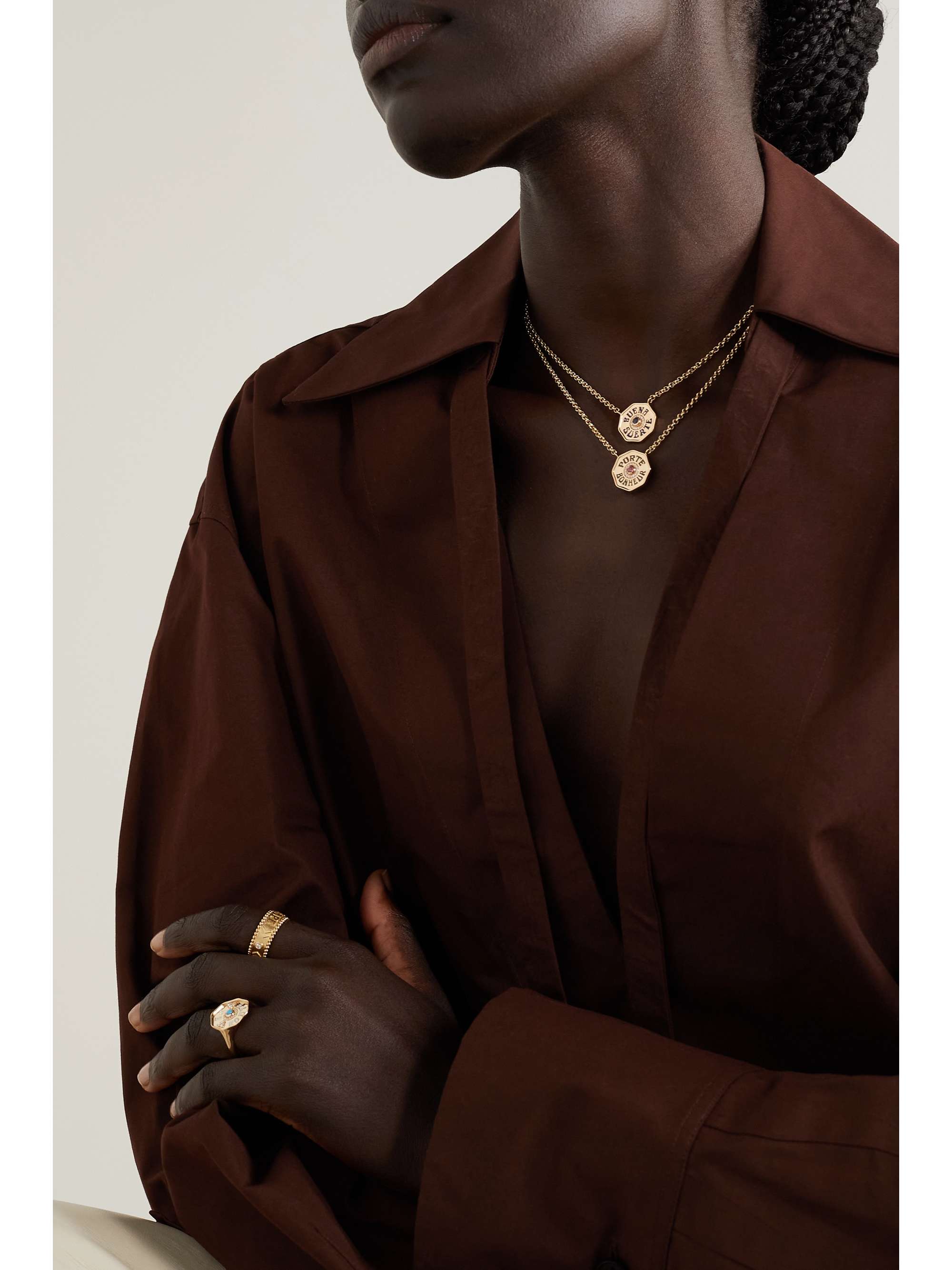 MARLO LAZ Mini Porta Fortuna Coin 14-karat gold, enamel, diamond and sapphire necklace