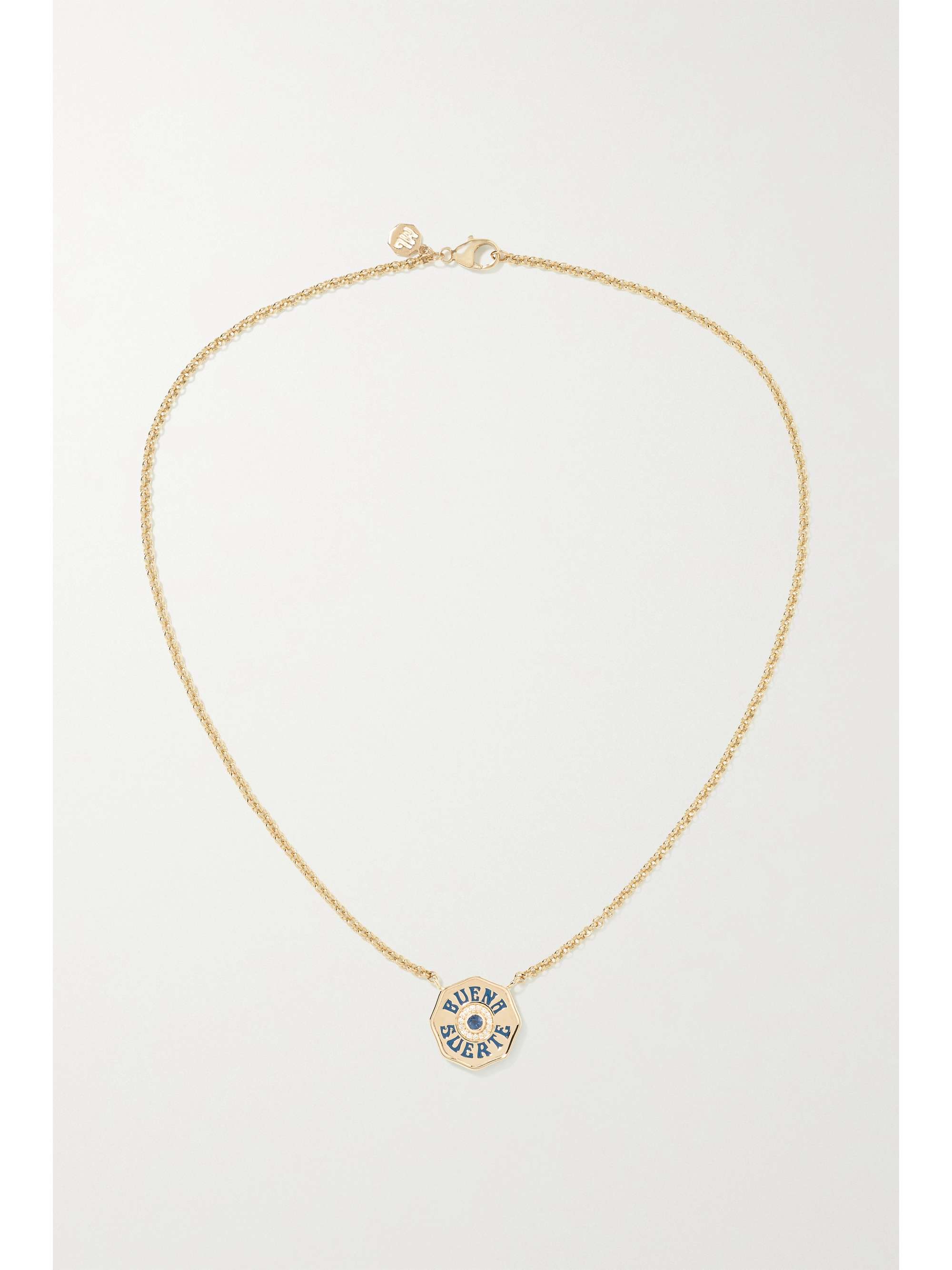 MARLO LAZ Mini Porta Fortuna Coin 14-karat gold, enamel, diamond and sapphire necklace
