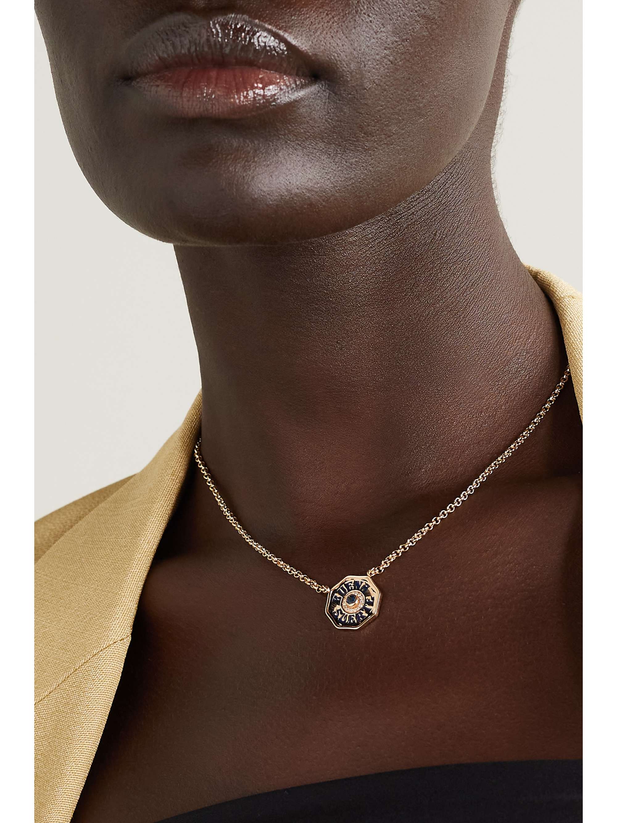 MARLO LAZ Mini Porta Fortuna Coin 14-karat gold, enamel, diamond and sapphire necklace