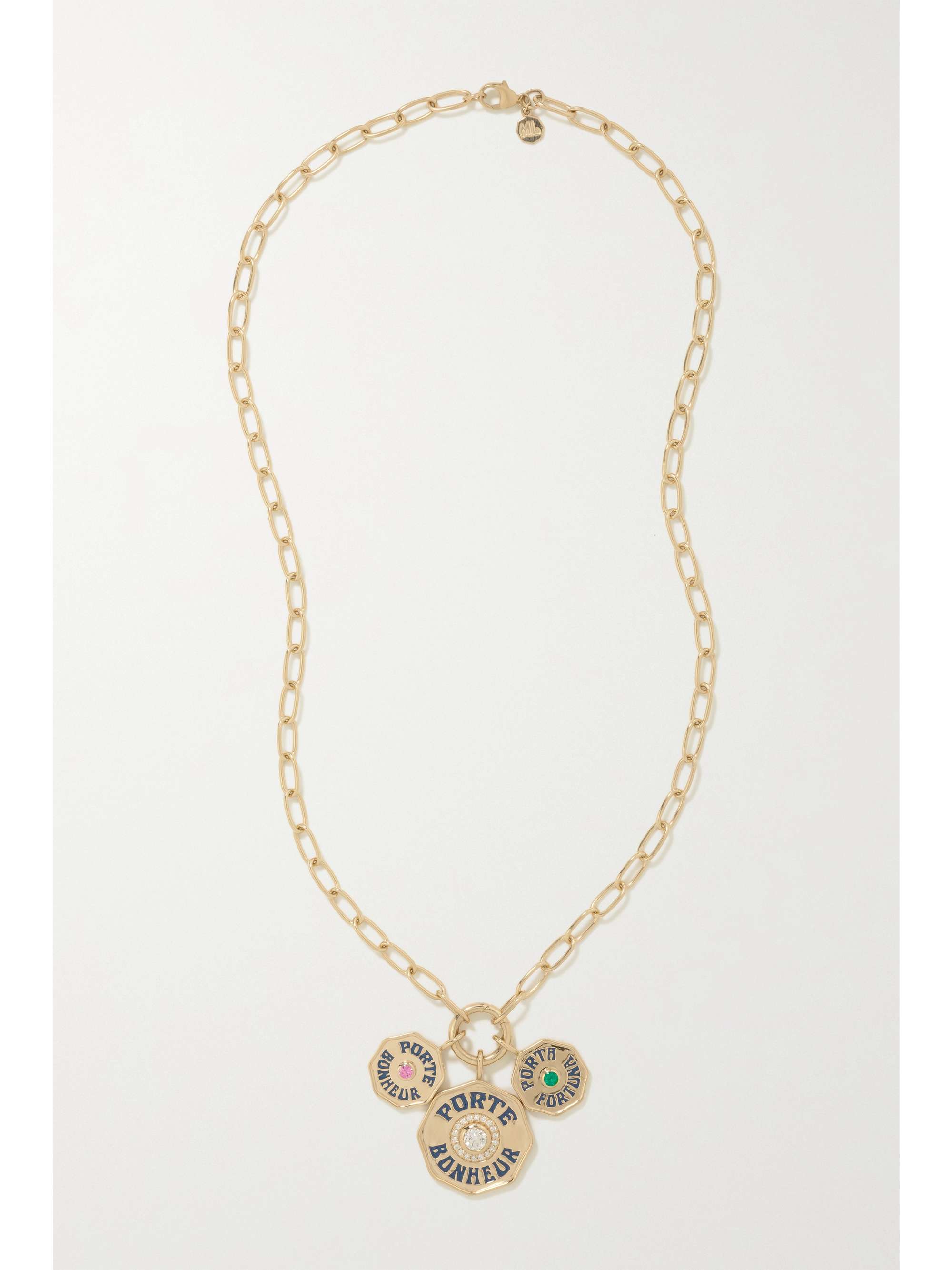 MARLO LAZ Porte Bonheur 14-karat gold, enamel and multi-stone necklace