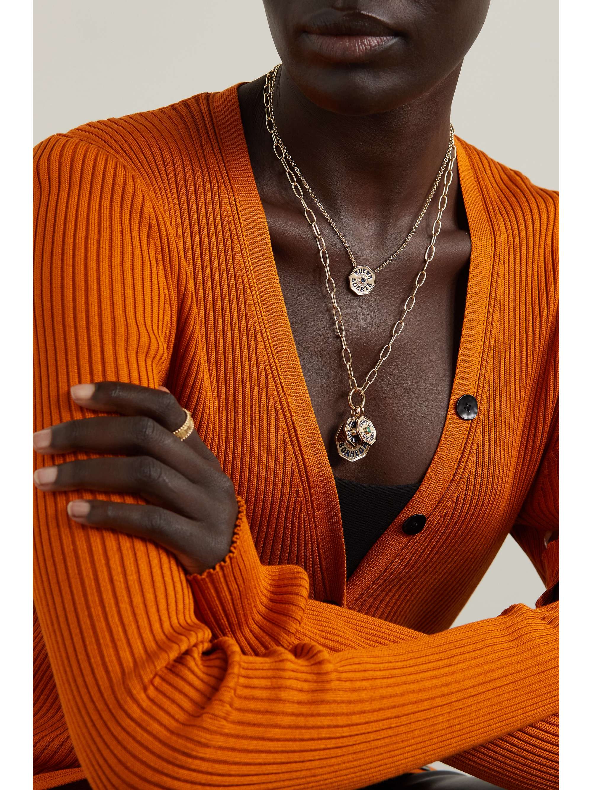 MARLO LAZ Porte Bonheur 14-karat gold, enamel and multi-stone necklace