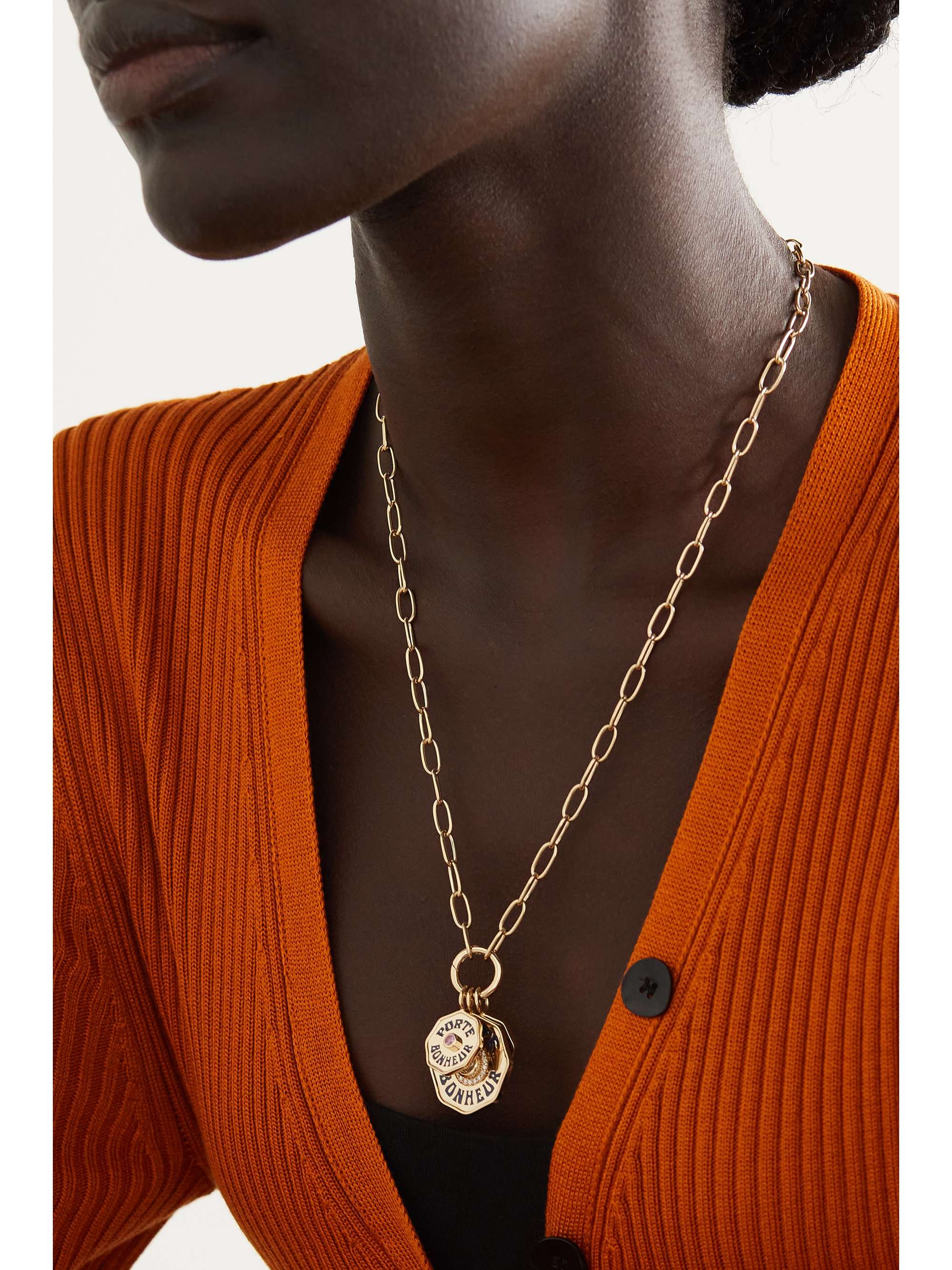 MARLO LAZ Porte Bonheur 14-karat gold, enamel and multi-stone necklace