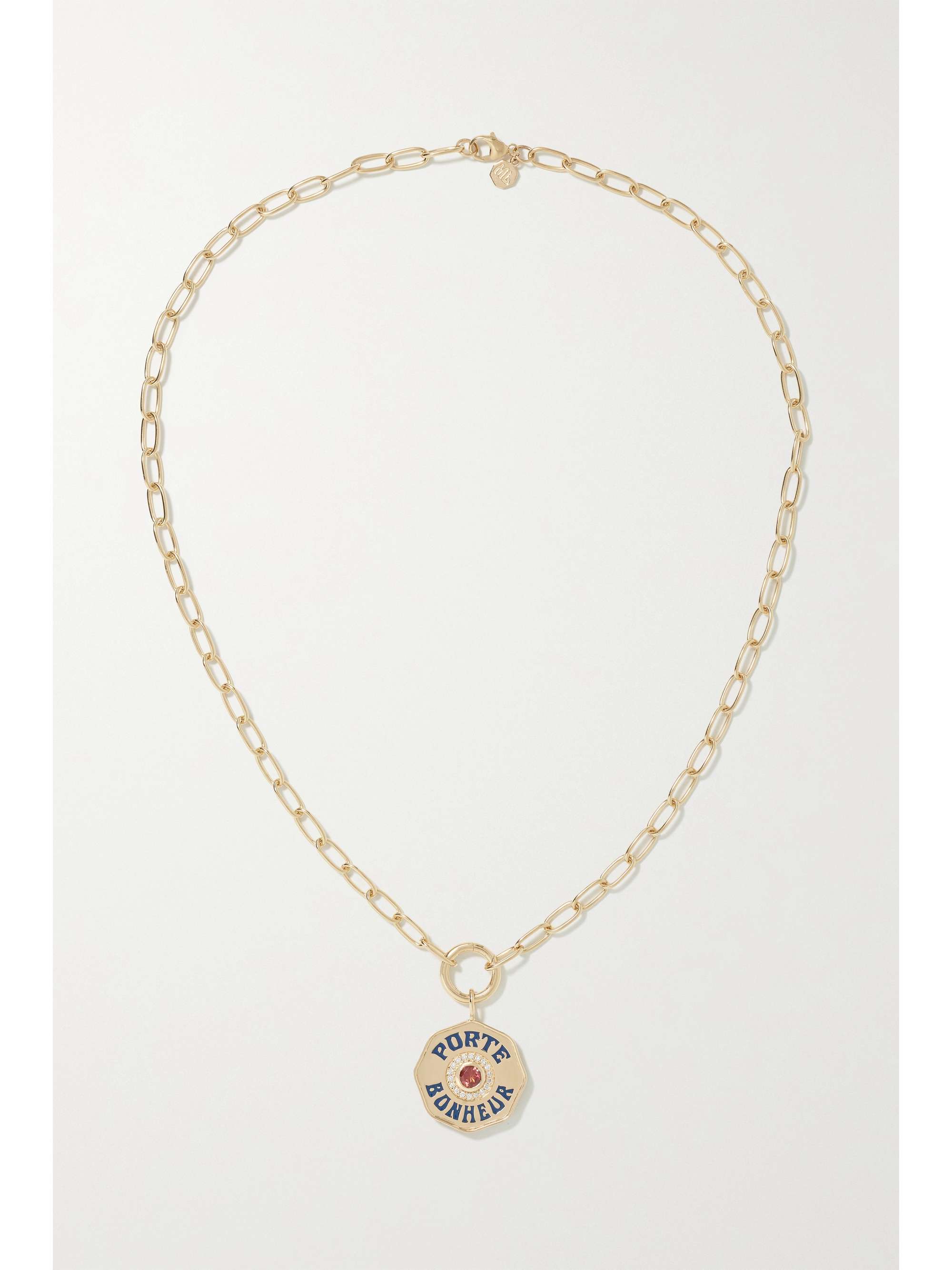 MARLO LAZ Porte Bonheur Coin large 14-karat gold, enamel, tourmaline and diamond necklace