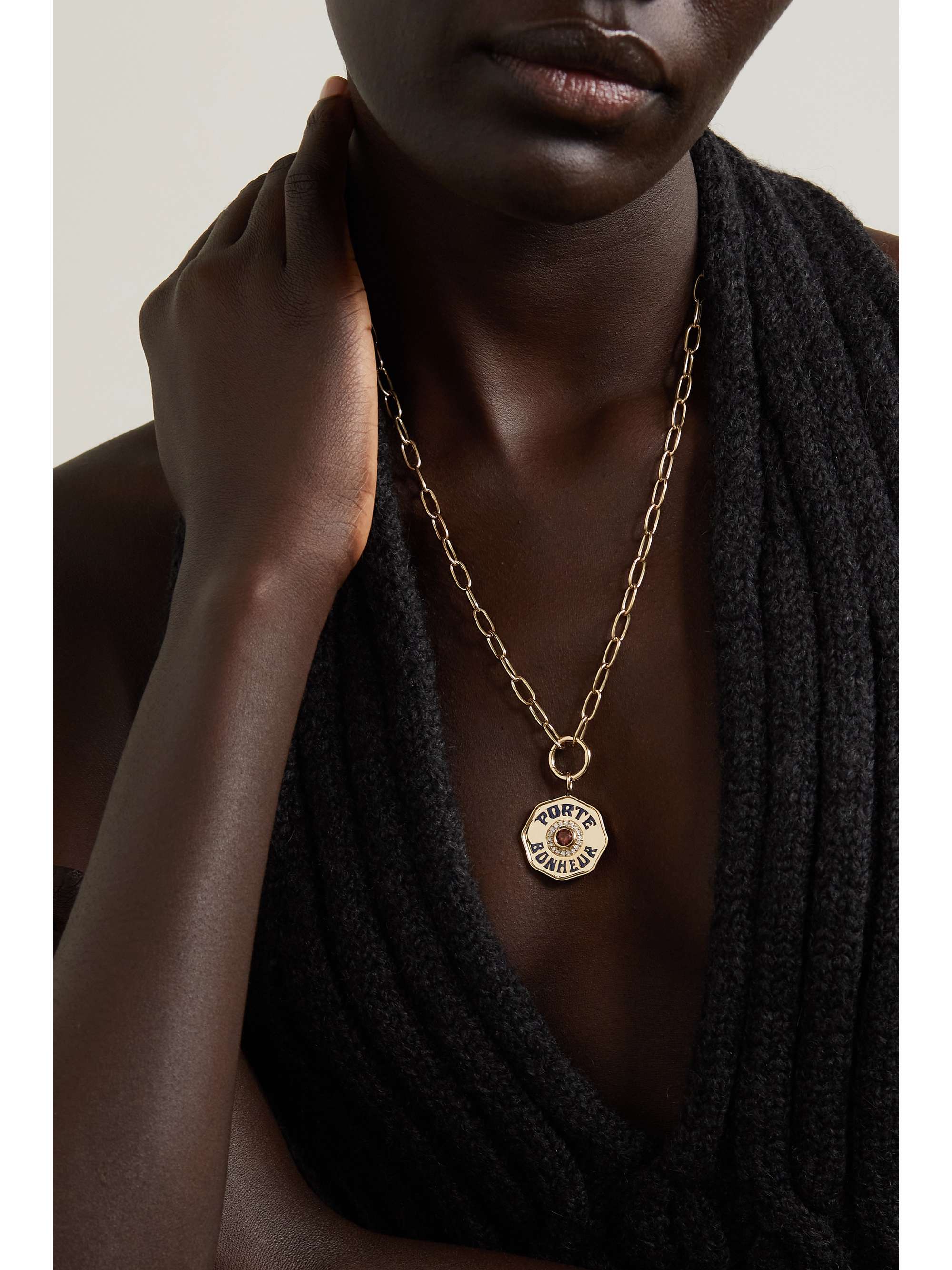 MARLO LAZ Porte Bonheur Coin large 14-karat gold, enamel, tourmaline and diamond necklace