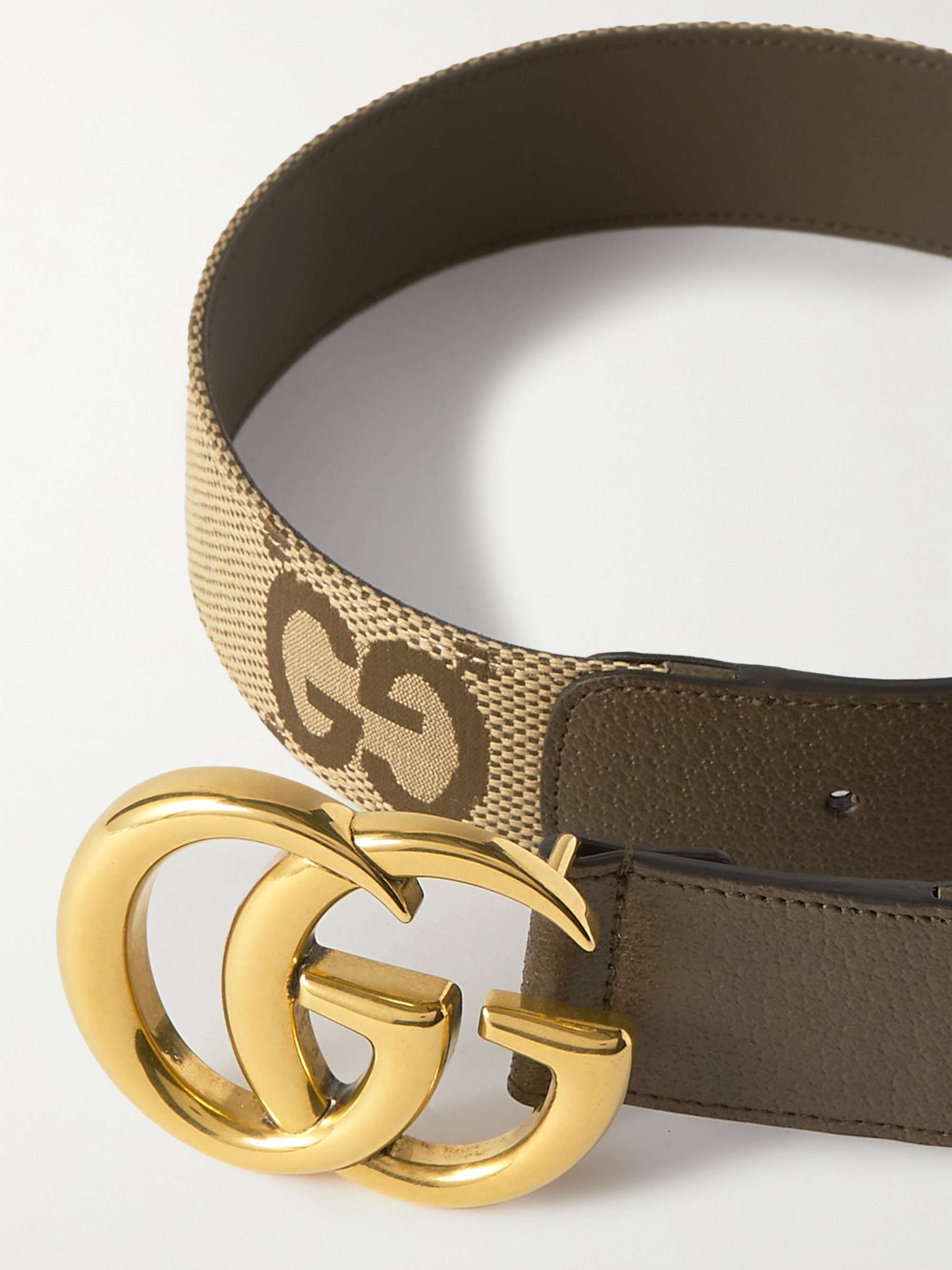 GUCCI Leather-trimmed canvas-jacquard belt