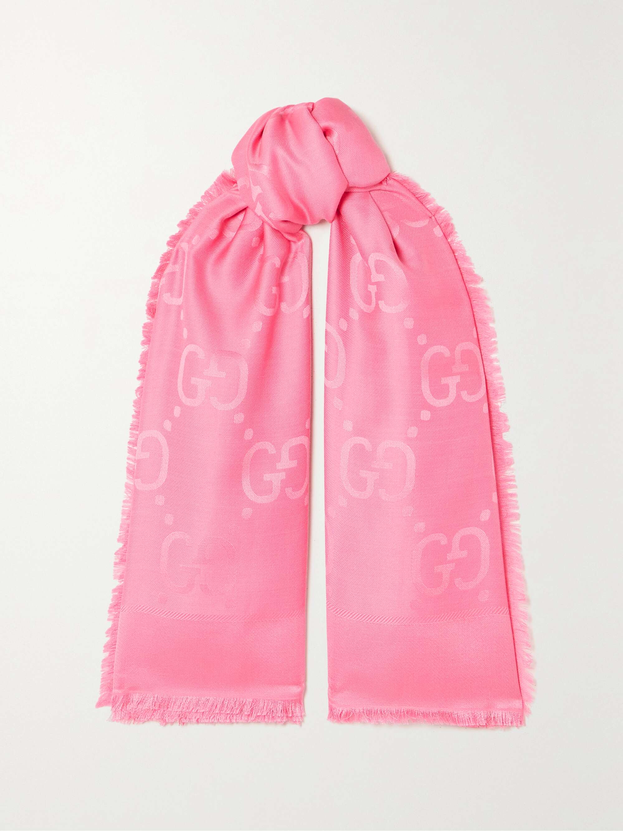 GUCCI Fringed silk and wool-blend jacquard scarf | NET-A-PORTER