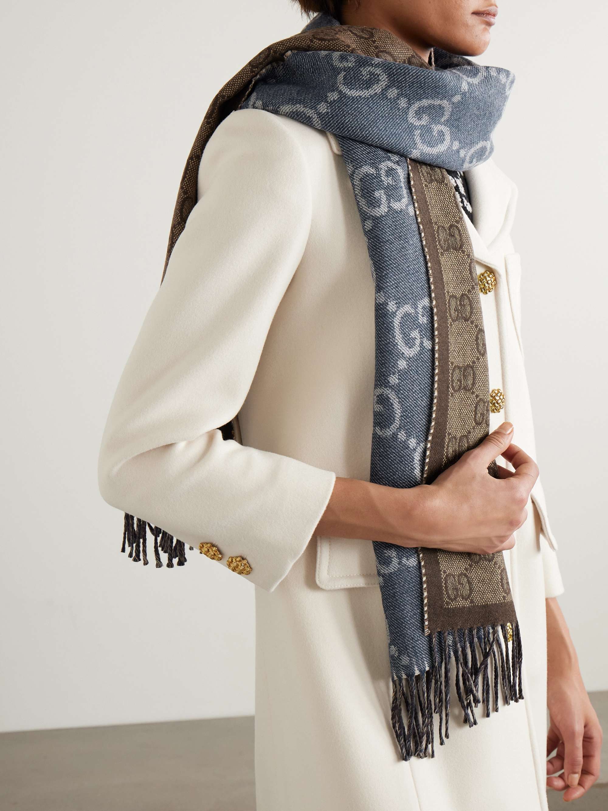 Reversible fringed logo-jacquard wool scarf